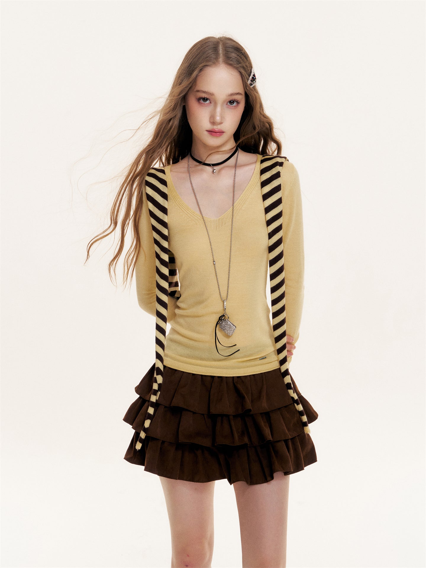 16DEWS 16D25418 Striped shawl V-neck knitted base top