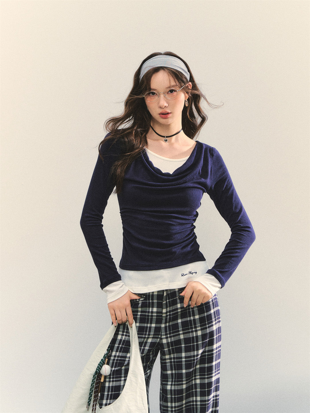 AsGony ASG25364 Fake two-piece contrasting color splicing base top