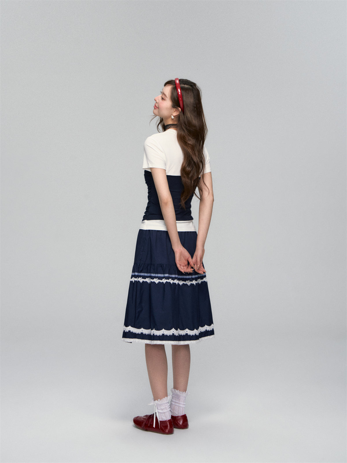 AsGony ASG25108 Fake two piece slim fit short sleeved top (2color)