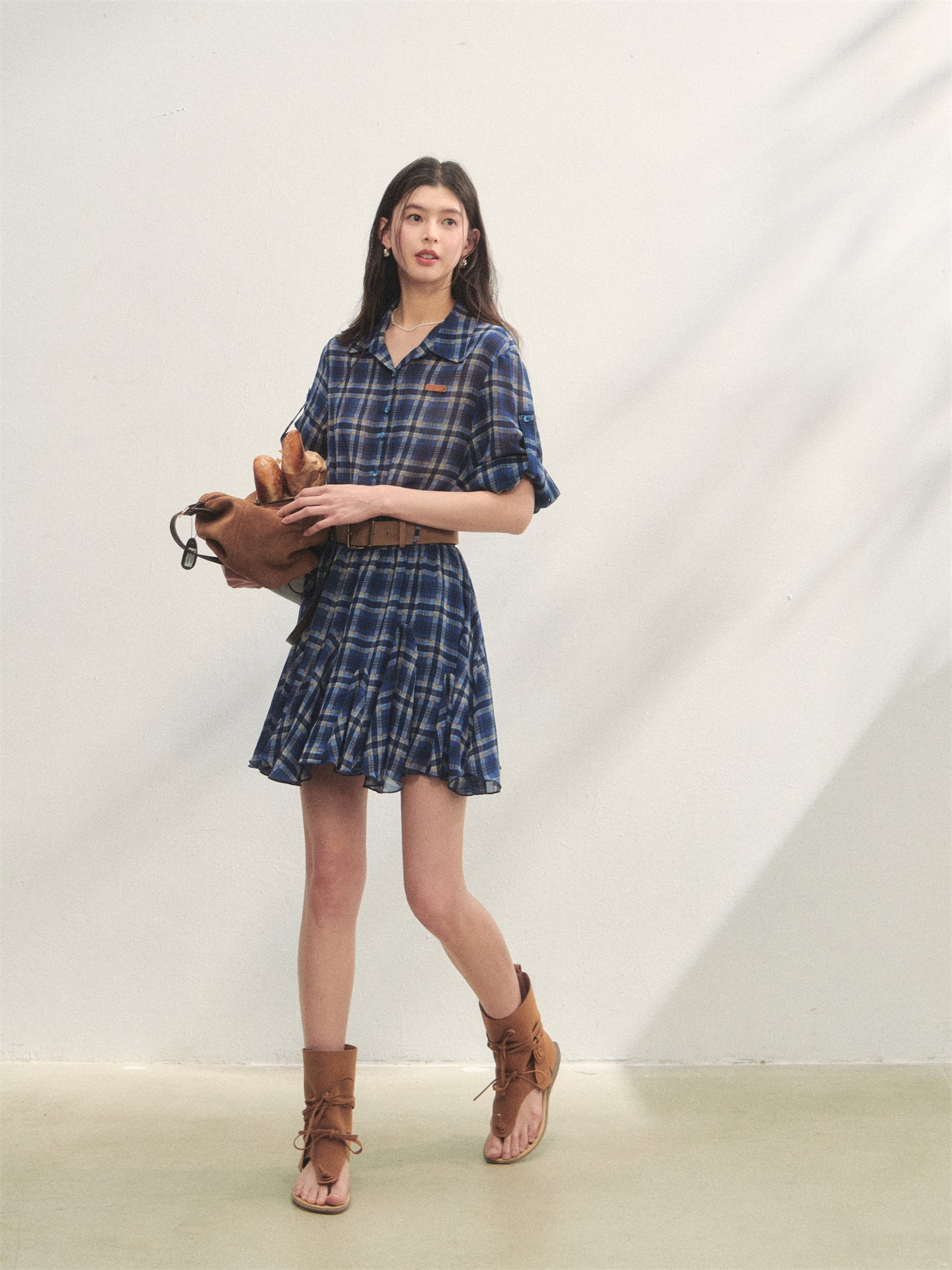 AsGony ASG25260 Plaid waist cinched long sleeved shirt dress