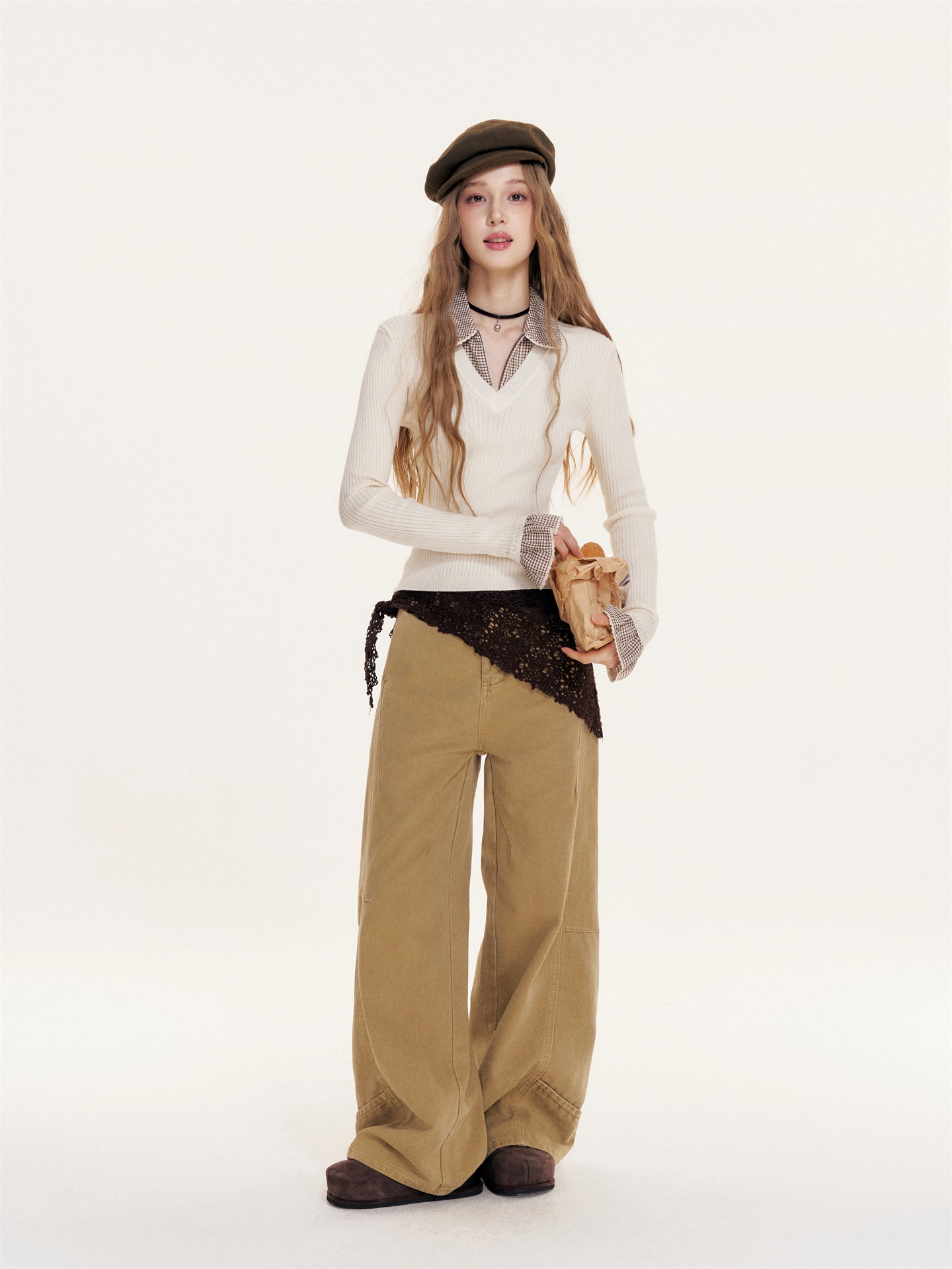 16DEWS 16D25405 Plaid contrasting splicing fake two-piece knitted top