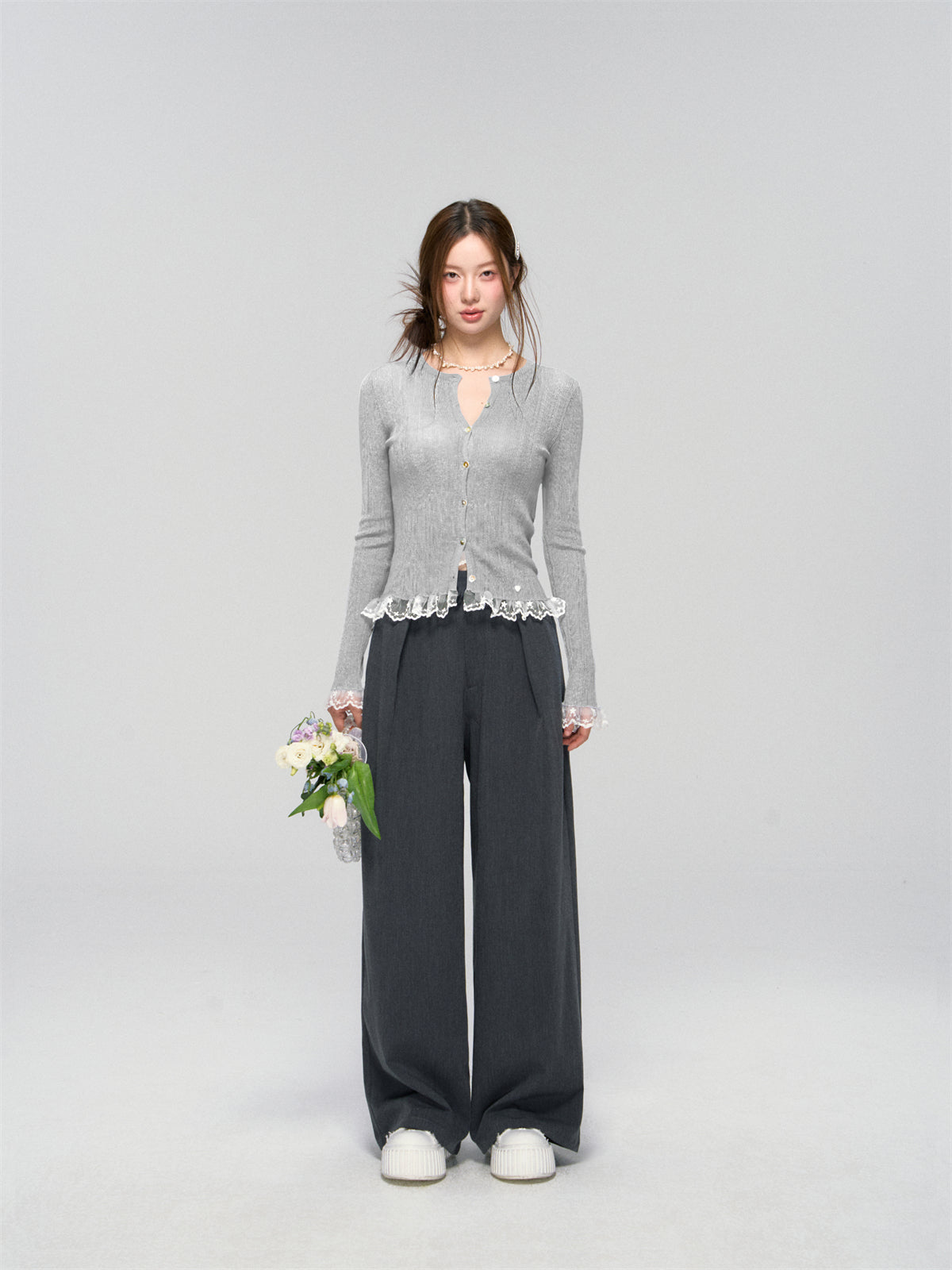 AsGony ASG25039 Lace hem patchwork knit cardigan (2color)