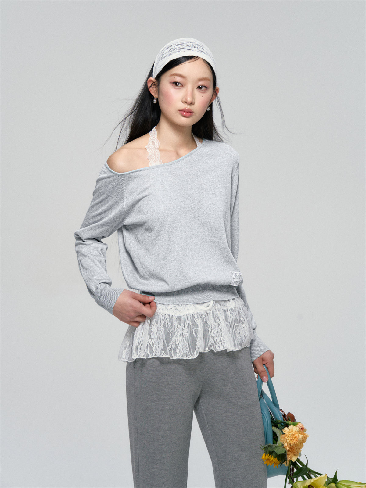 AsGony ASG25082 Lace strap knit two-piece set