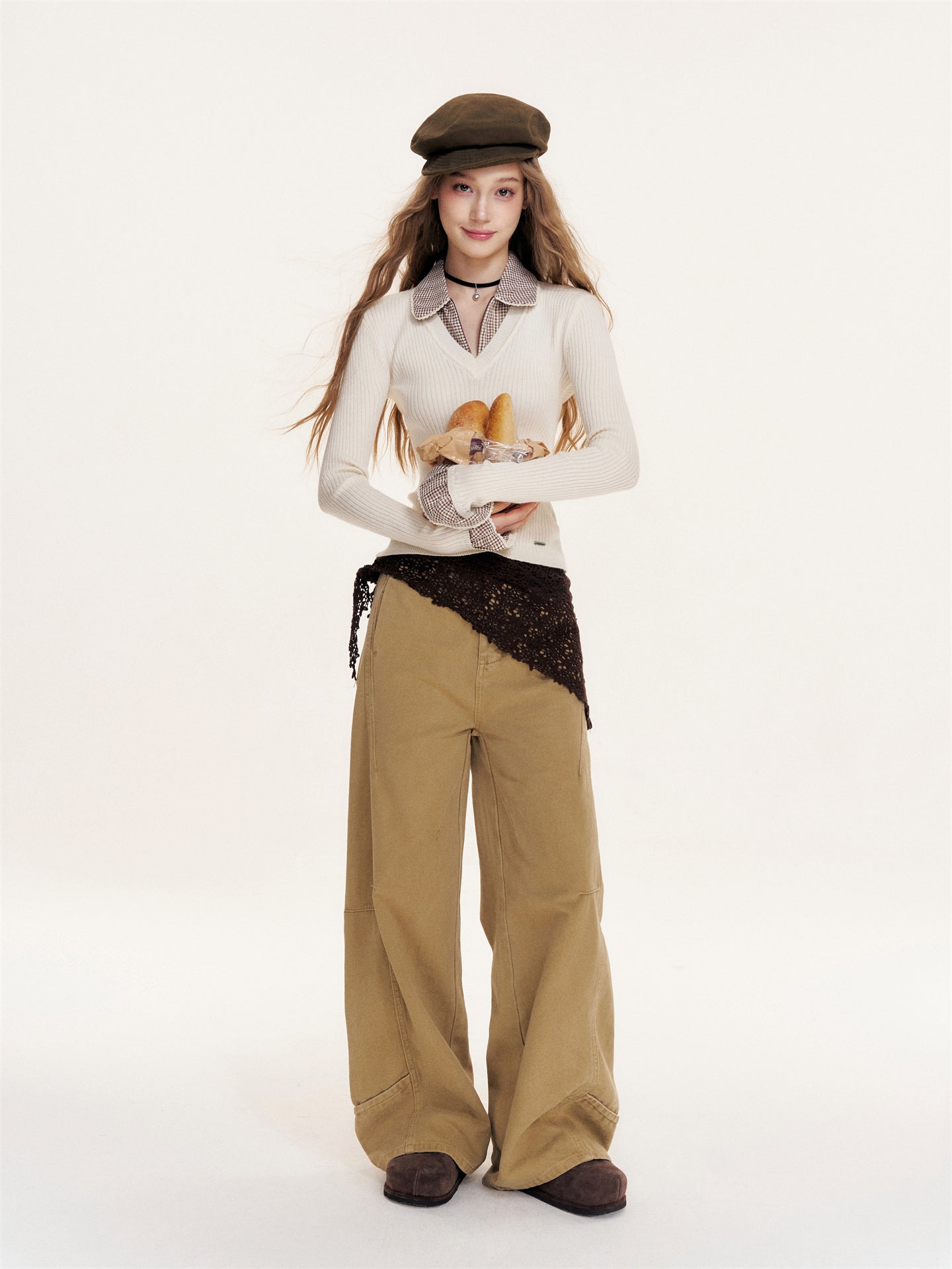 16DEWS 16D25405 Plaid contrasting splicing fake two-piece knitted top