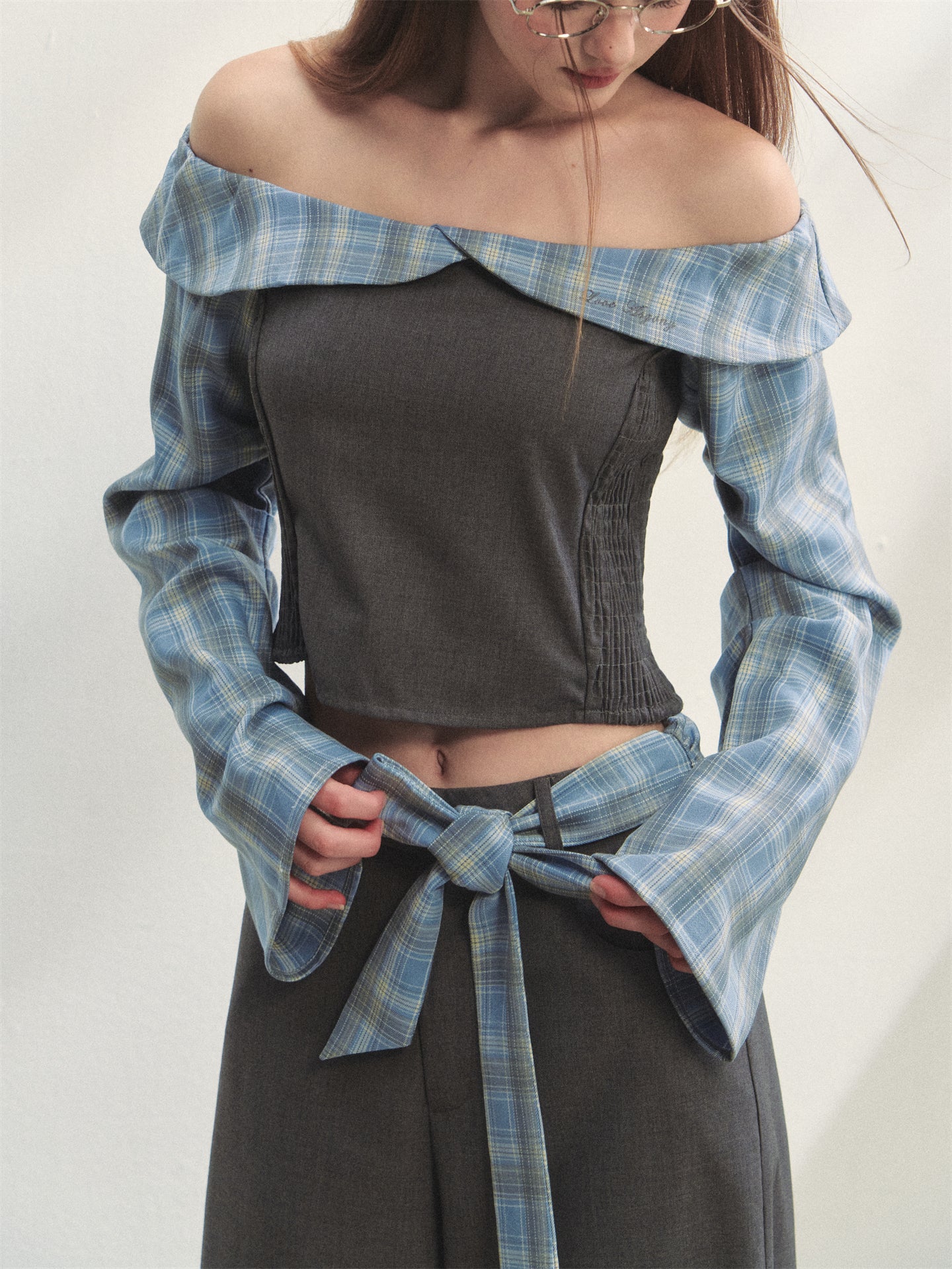 AsGony ASG25263&ASG25264 Plaid patchwork off-shoulder top + pants set