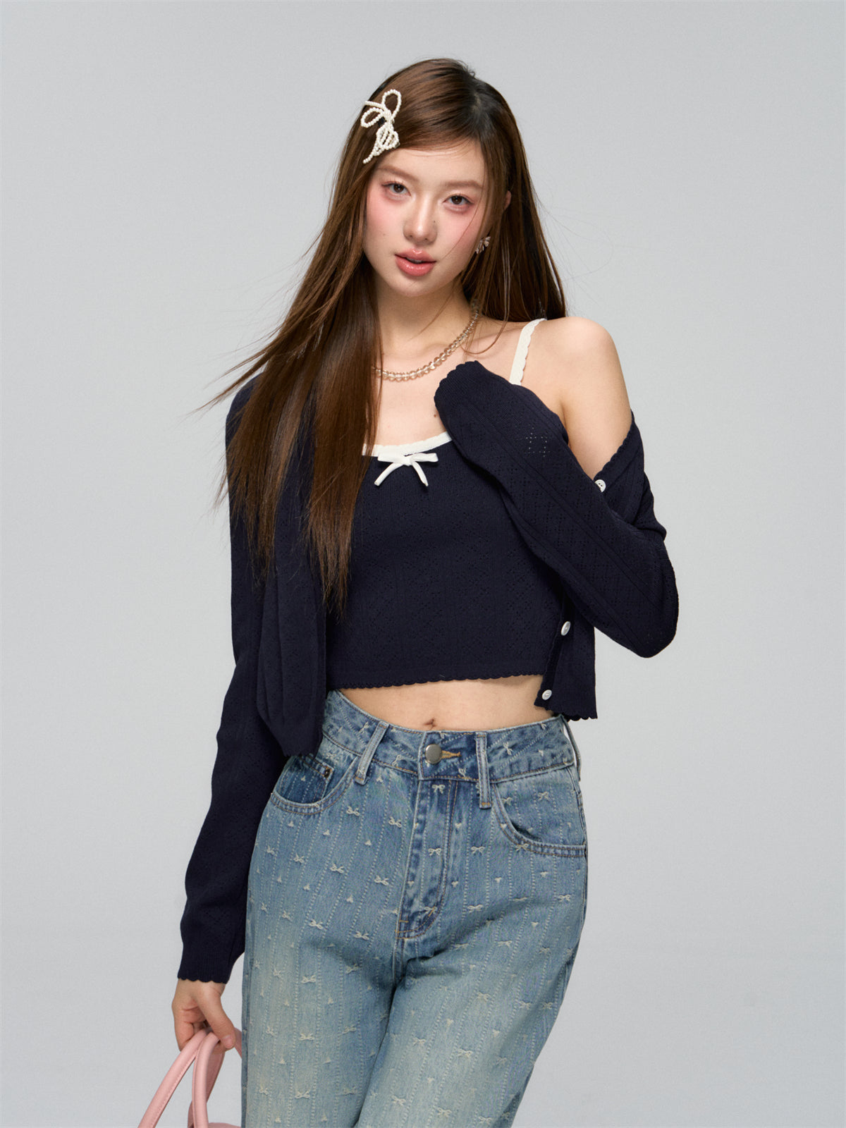 AsGony ASG25041 Color blocking bow strap cardigan two-piece set