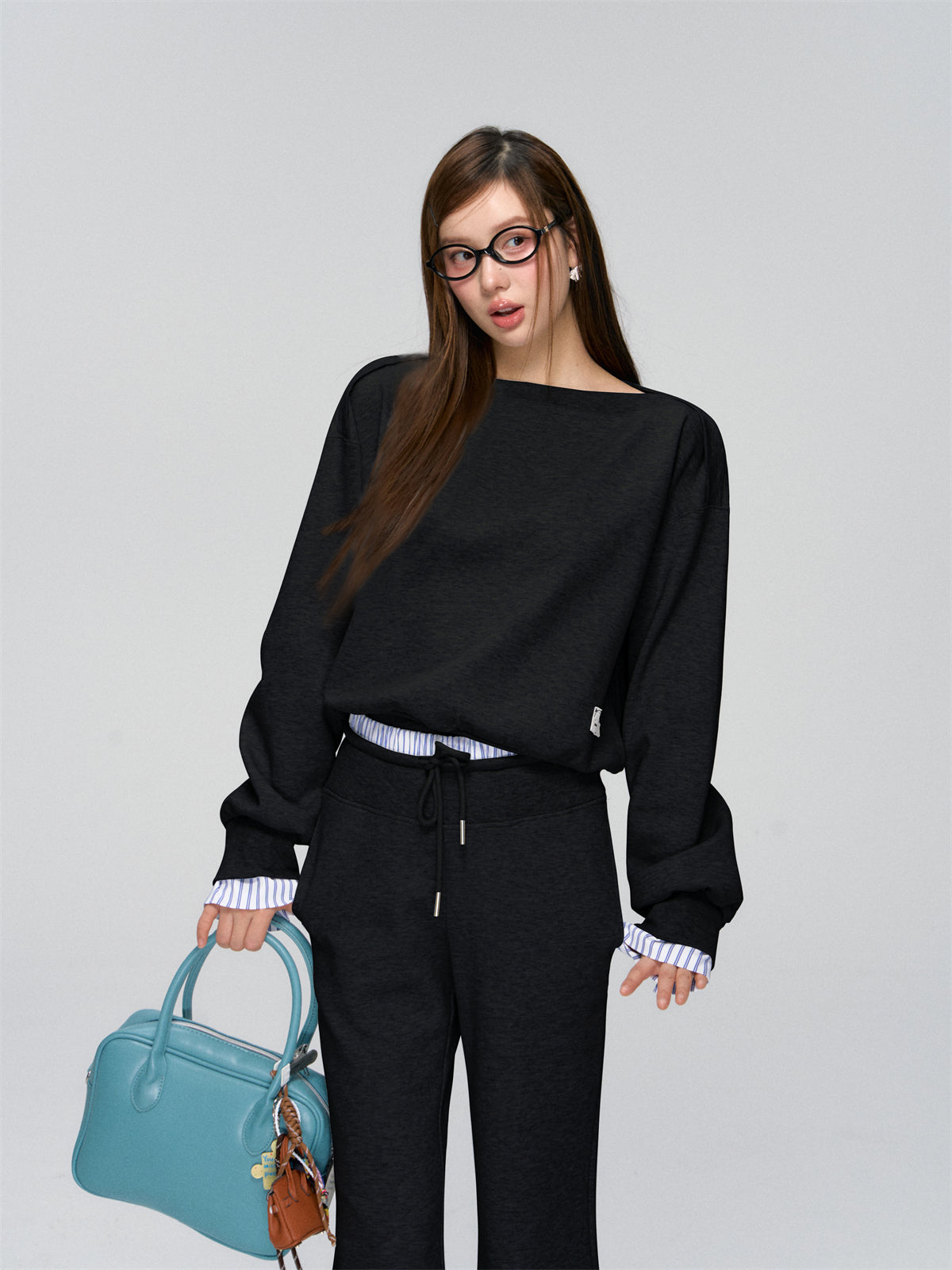 AsGony ASG25006&ASG25007 Splicing striped lace hoodie + pants set