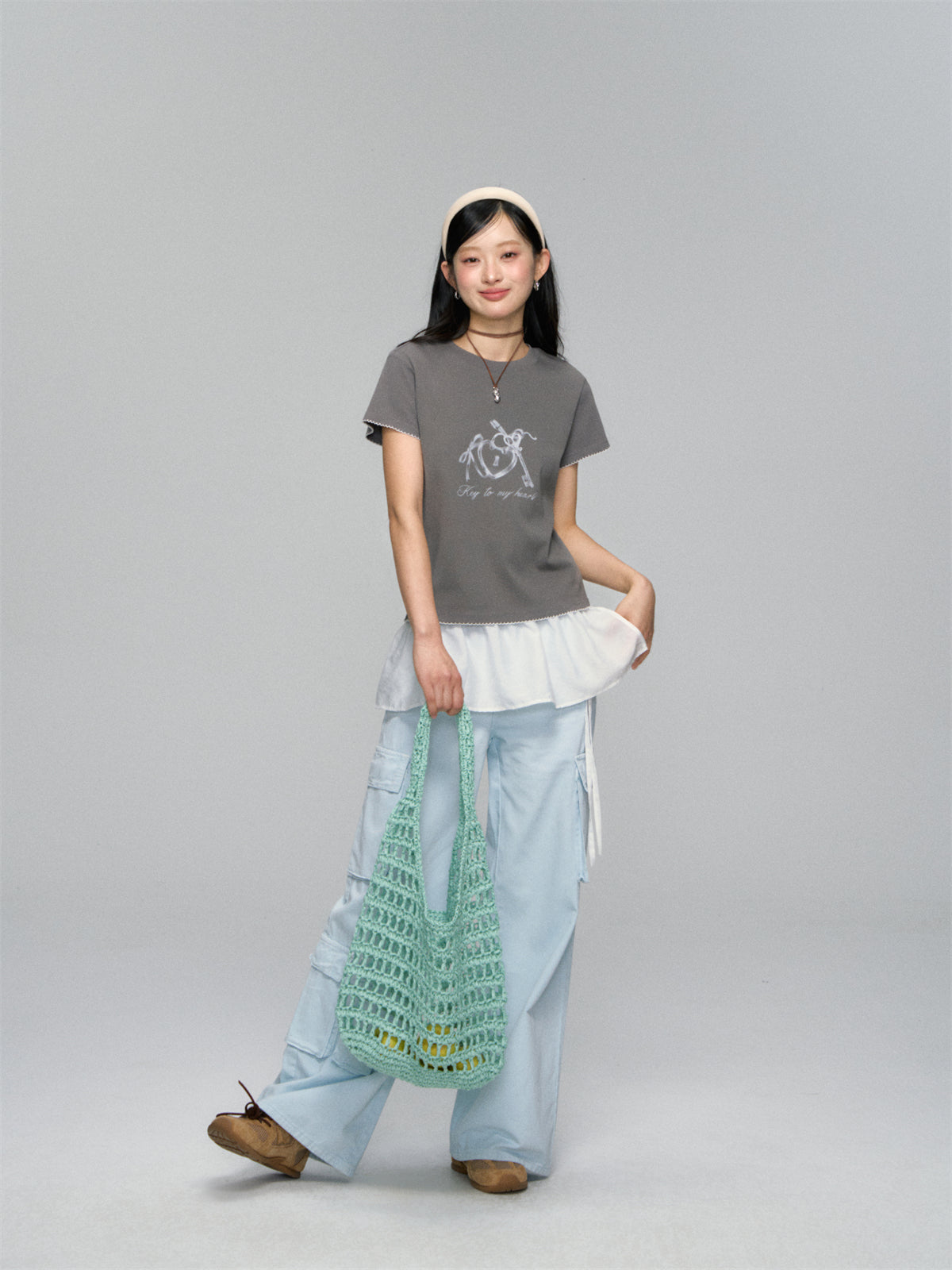 AsGony ASG25151 Printed border loose T-shirt (2color)