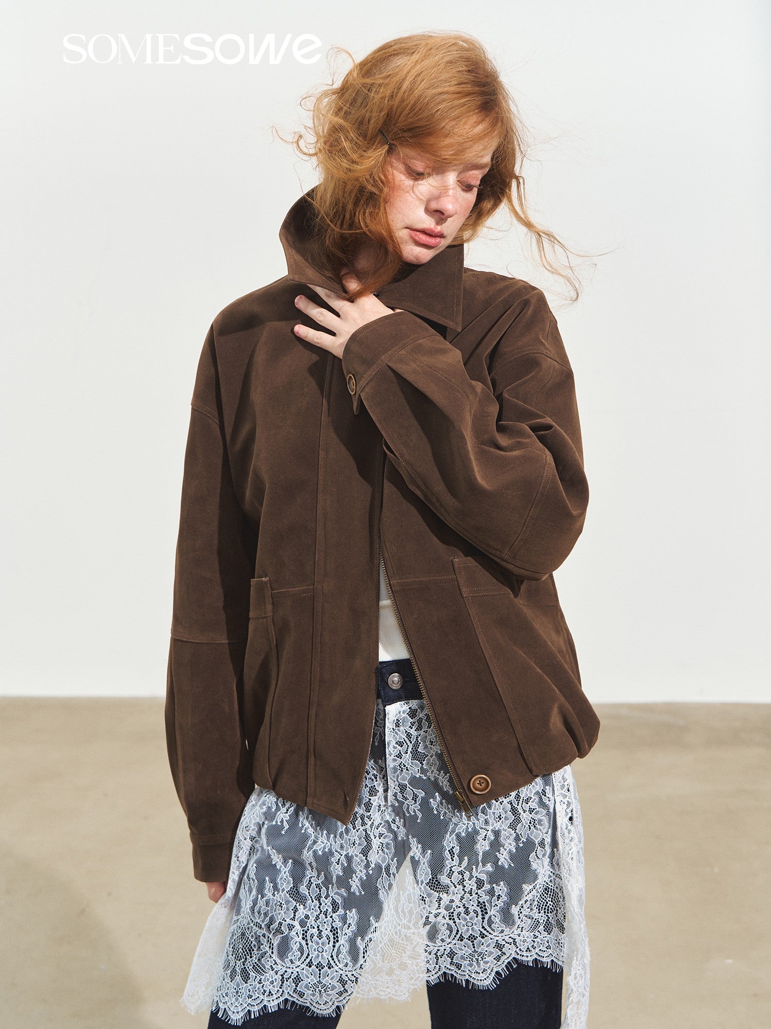 SOMESOWE S2508244 Flip collar velvet matte suede silhouette jacket