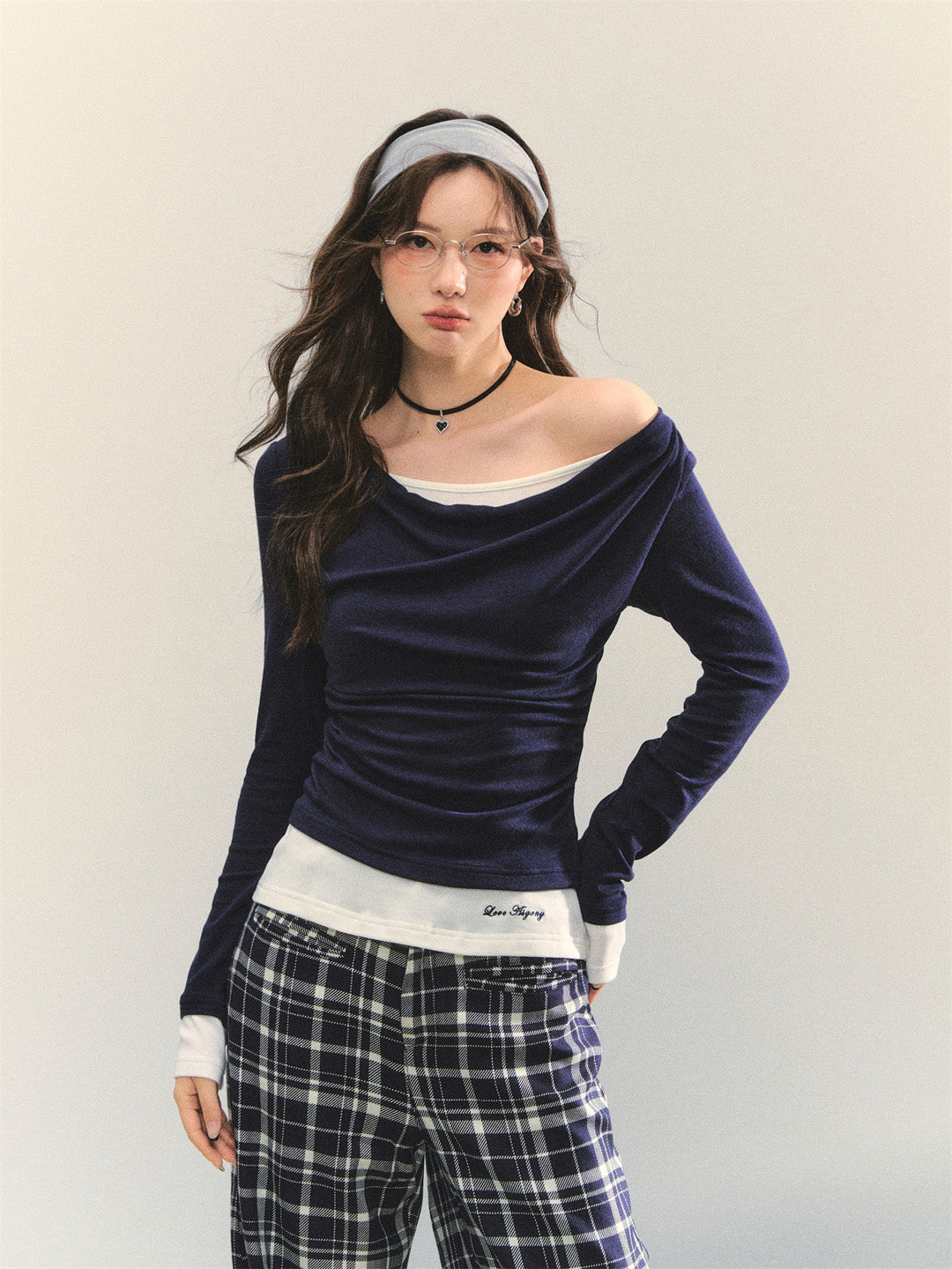 AsGony ASG25364 Fake two-piece contrasting color splicing base top