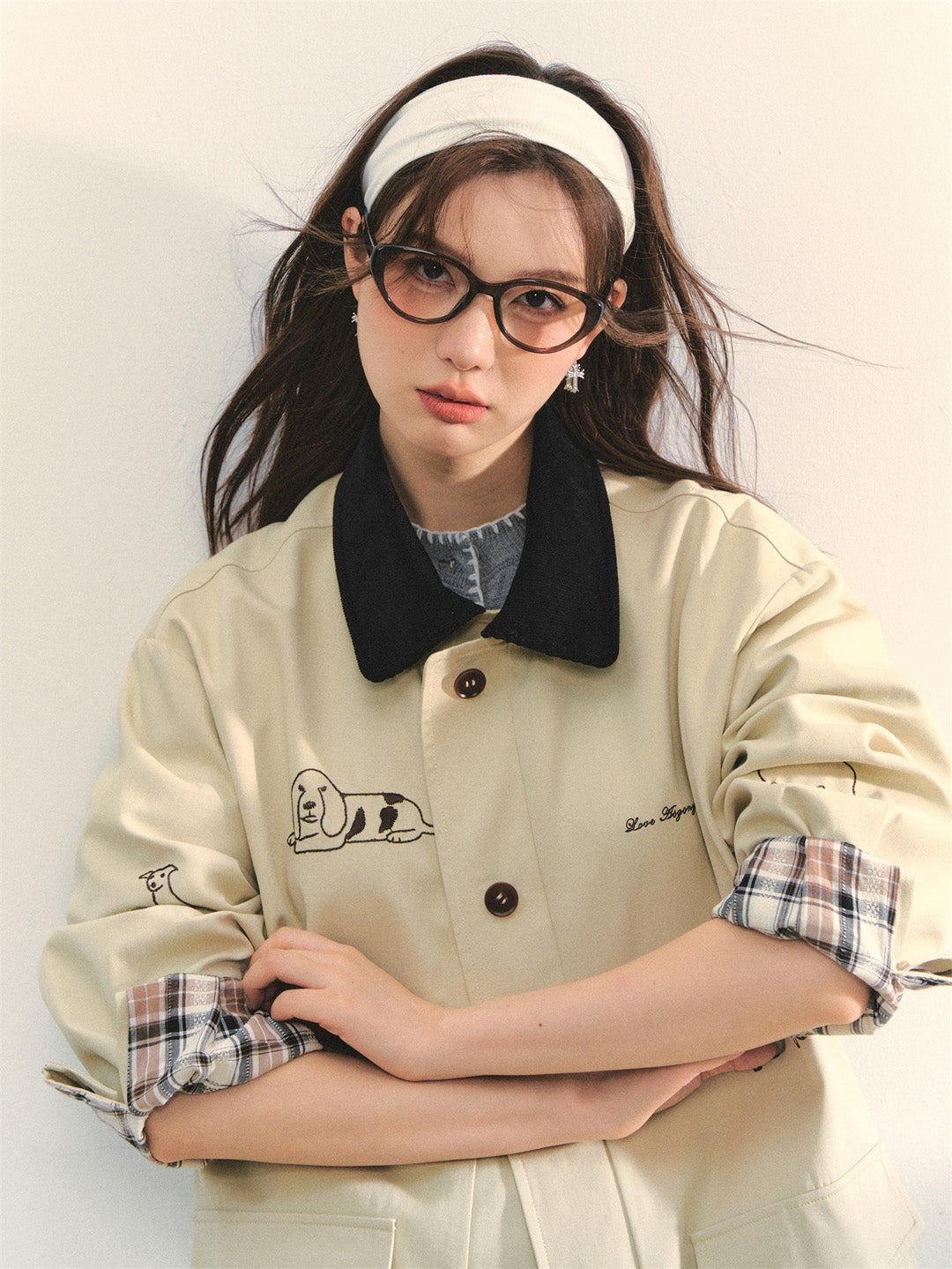 AsGony ASG25328 Puppy embroidered patchwork windbreaker jacket