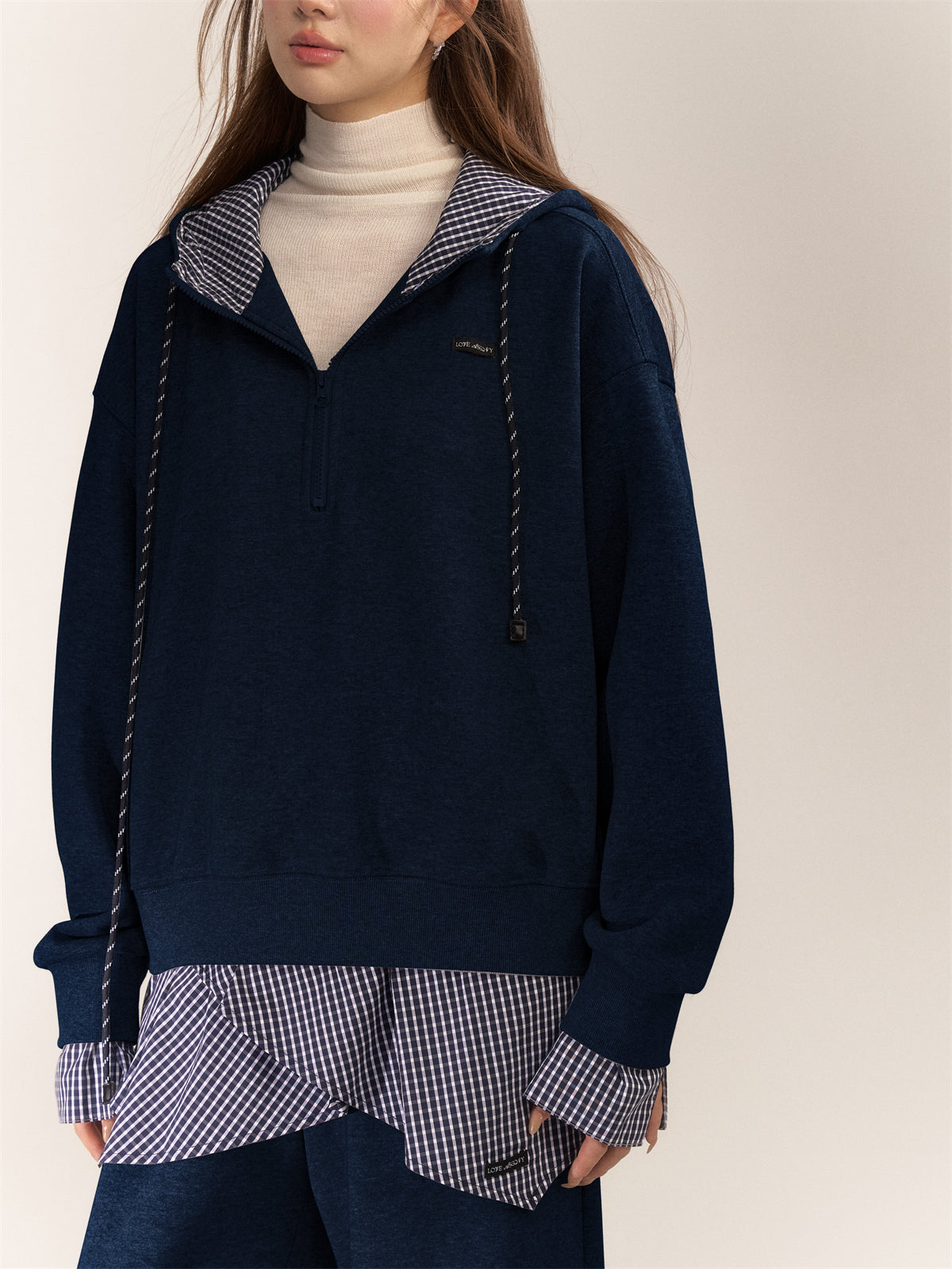 AsGony ASG24641 & ASG2642 Splicing plaid hoodie + loose pants set