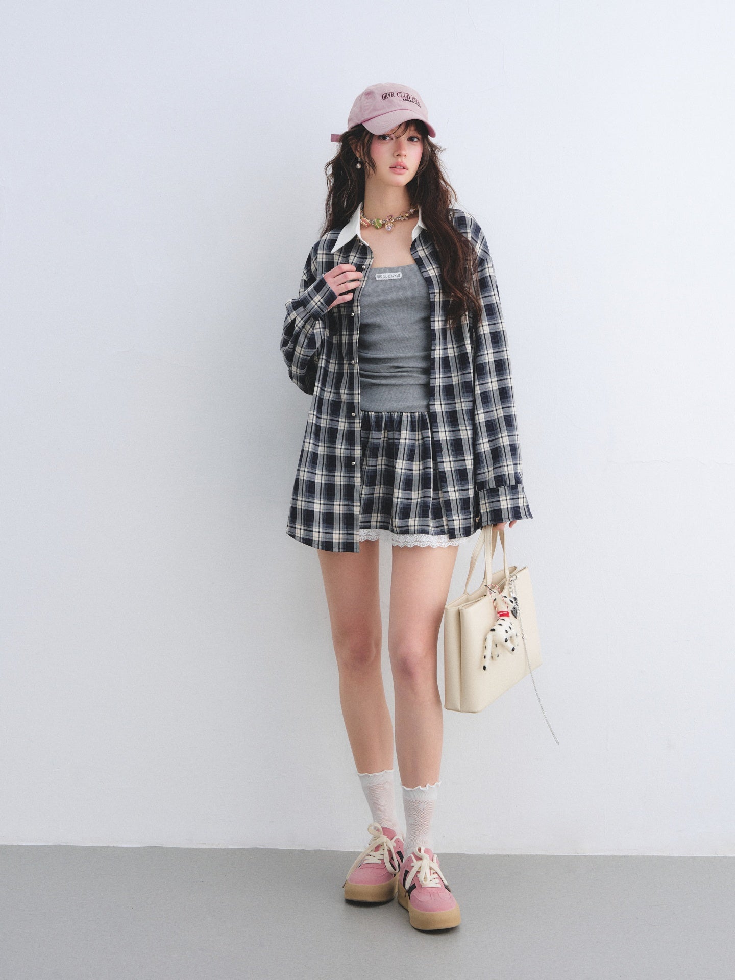 AsGony ASG26010&ASG26011 Strapless pleated plaid patchwork lace dress + shirt