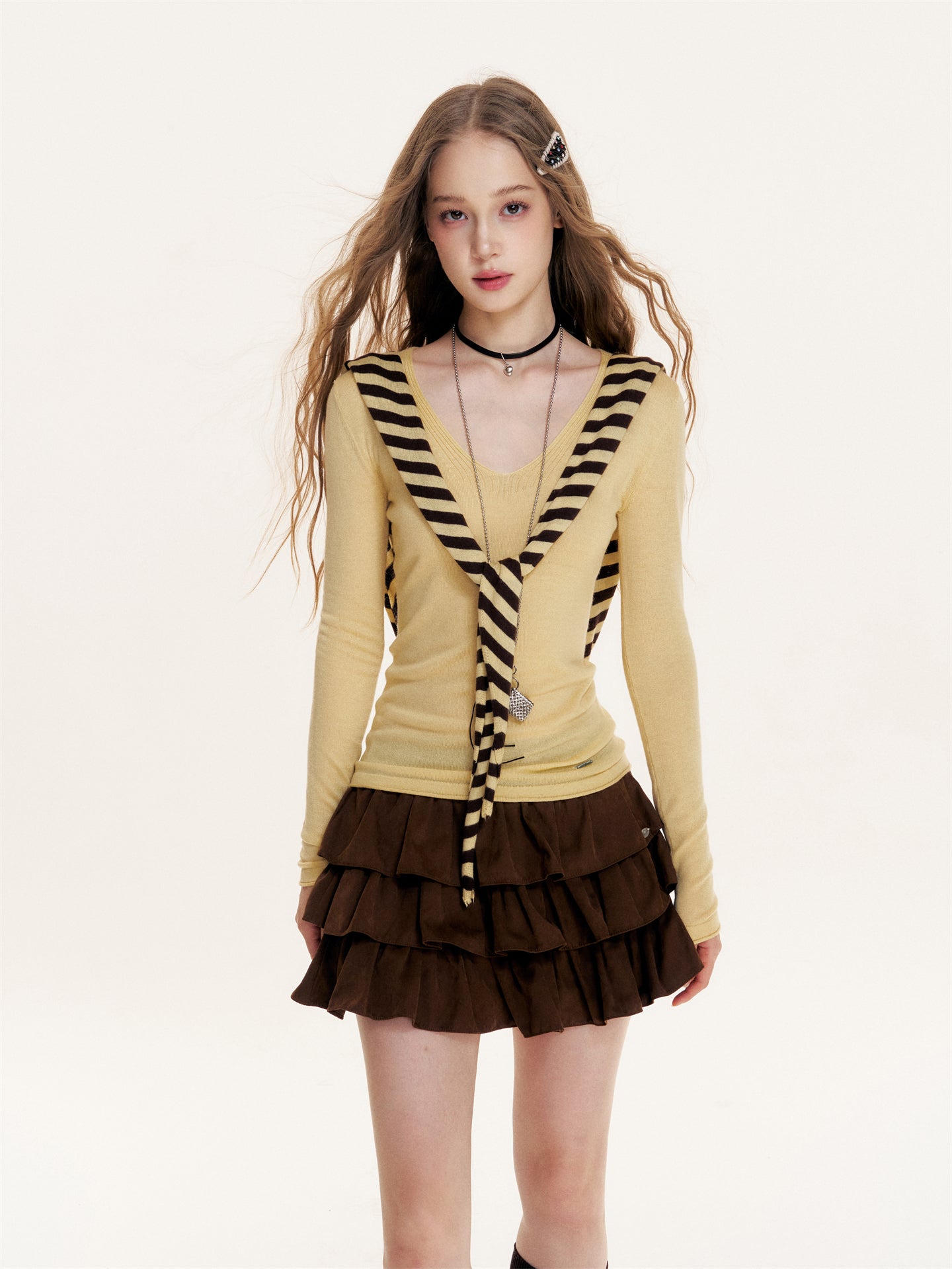 16DEWS 16D25418 Striped shawl V-neck knitted base top