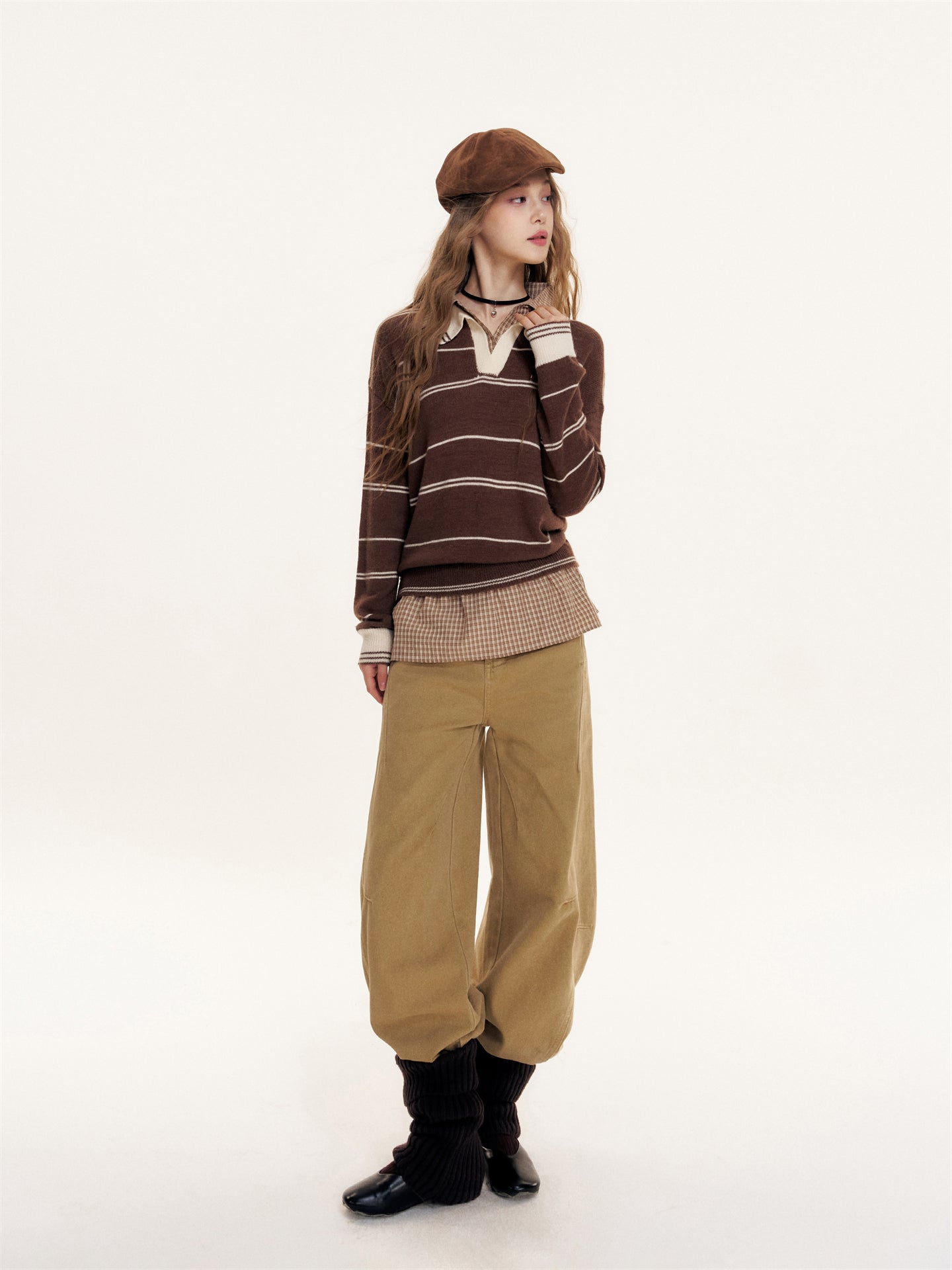 16DEWS 16D25404 Splicing design khaki wide leg jeans