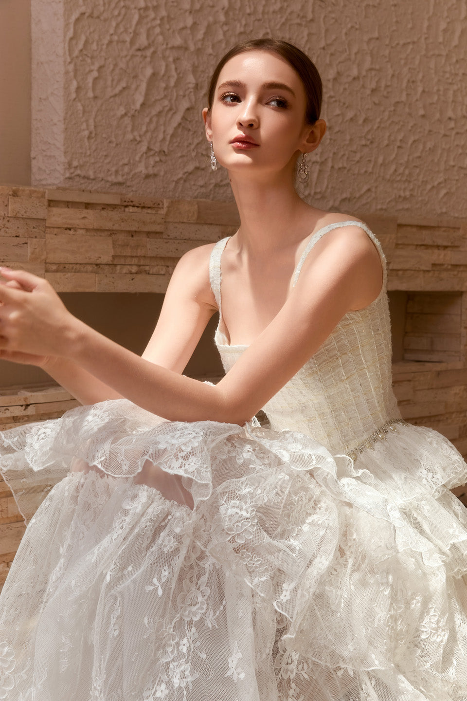 Wardrobes by chen Square collar lace tiered dress