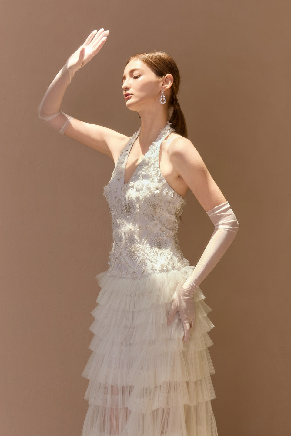 Wardrobes by chen Handmade embroidered bead V-neck layered dress (with gloves)