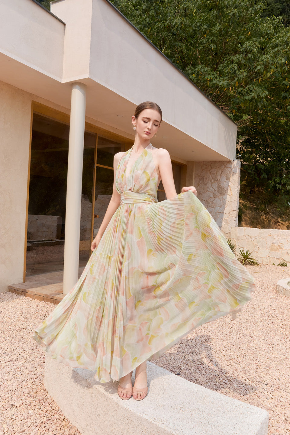 Wardrobes by chen Vacation chiffon printed pleated deep V-dress