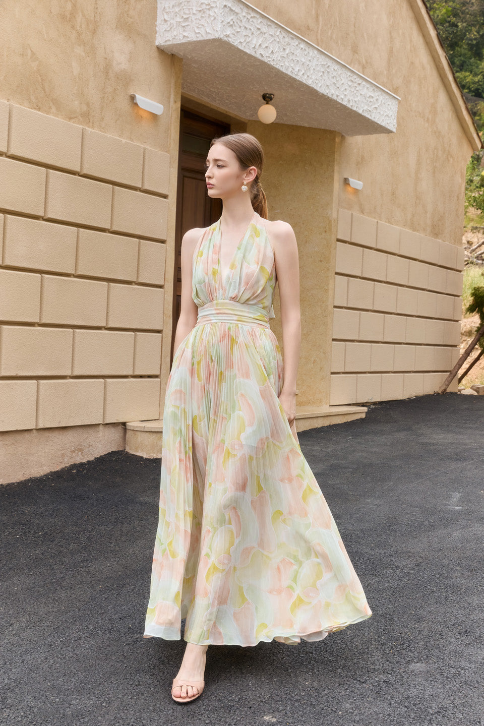 Wardrobes by chen Vacation chiffon printed pleated deep V-dress
