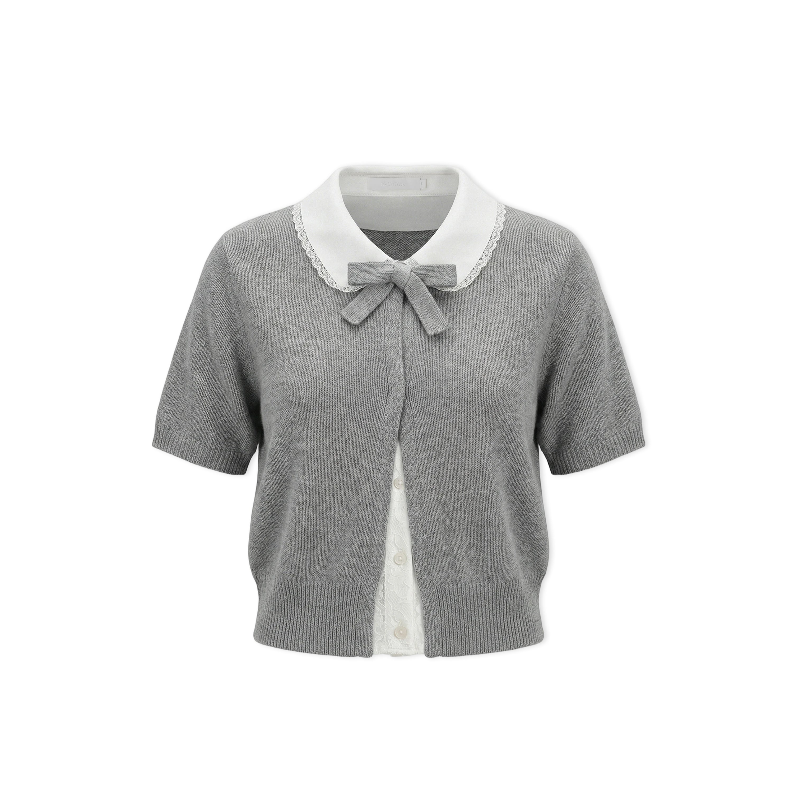 16DEWS 16D26065 Color blocking doll collar fake two-piece knitted short sleeved shirt