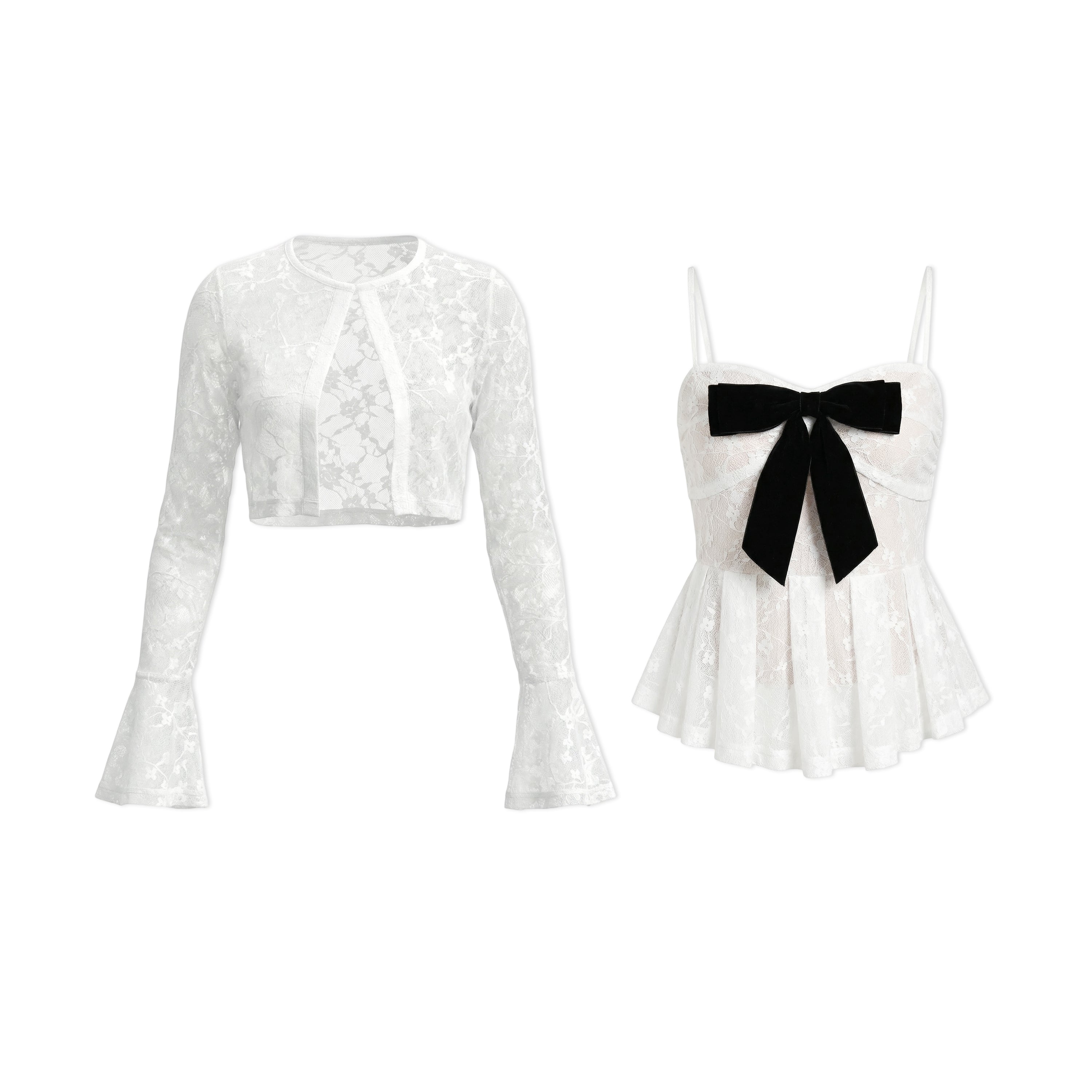 16DEWS 16D26105&16D26106 Lace jacquard flared sleeve cardigan + camisole