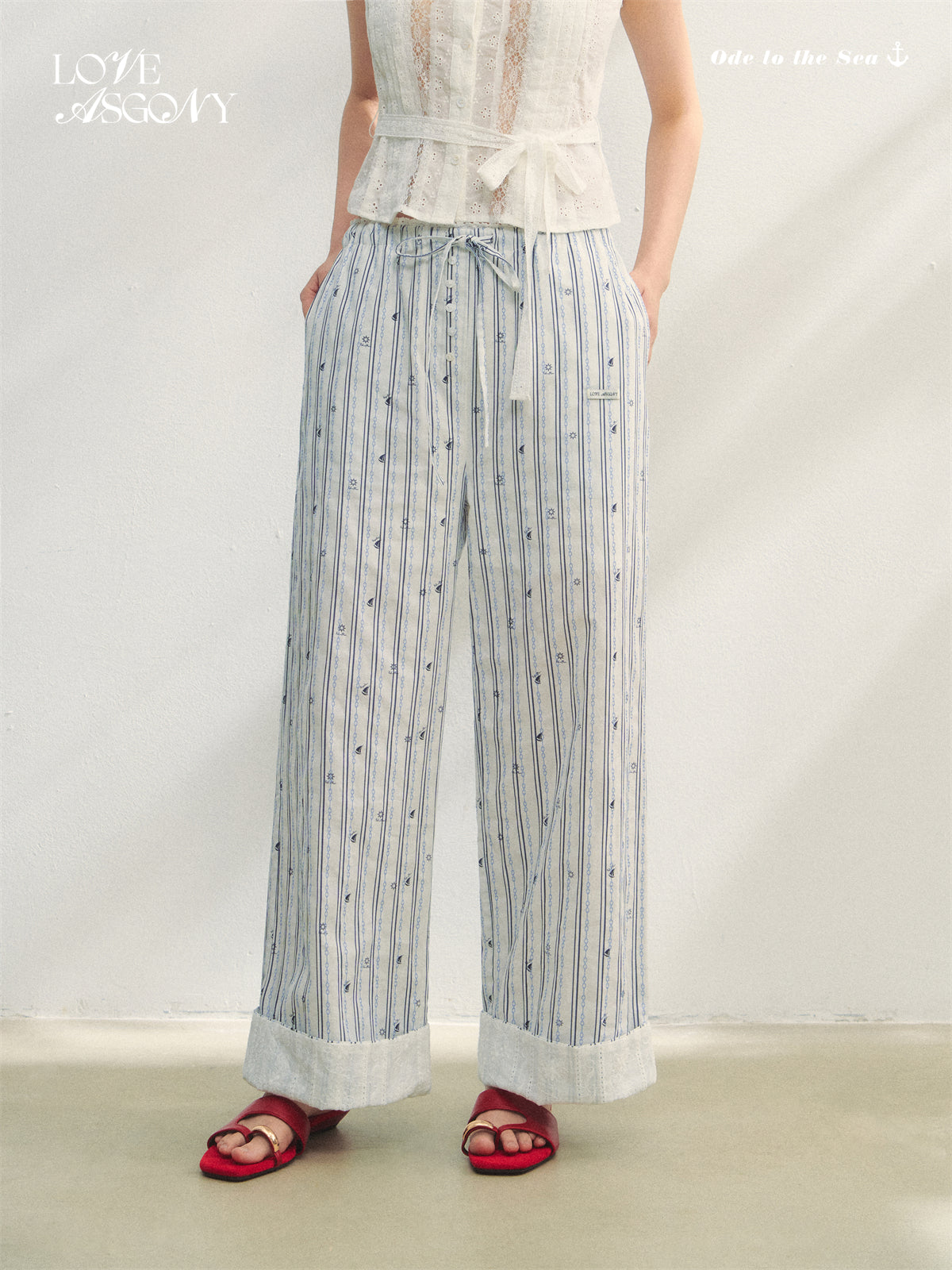 AsGony ASG25201 Striped printed patchwork embroidered lace pants
