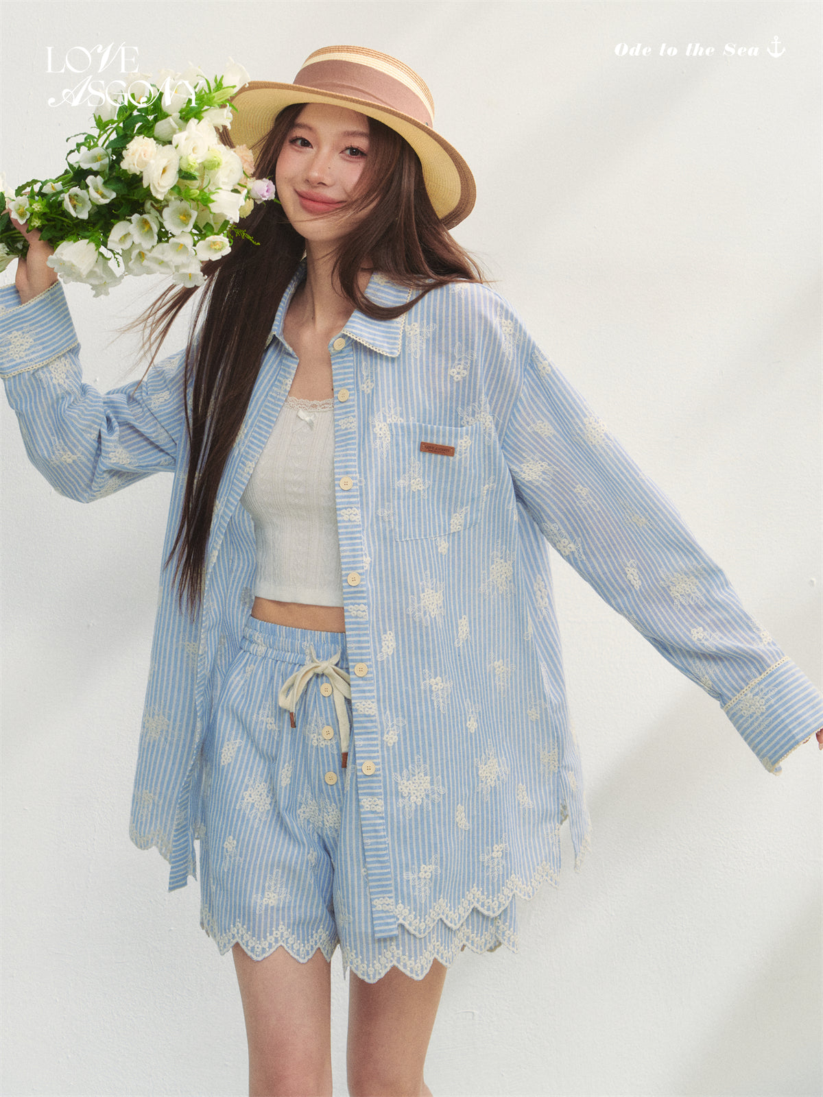 AsGony ASG25191&ASG25192&ASG25251 Lace embroidered wavy hem long sleeved shirt+shorts+headscarf set