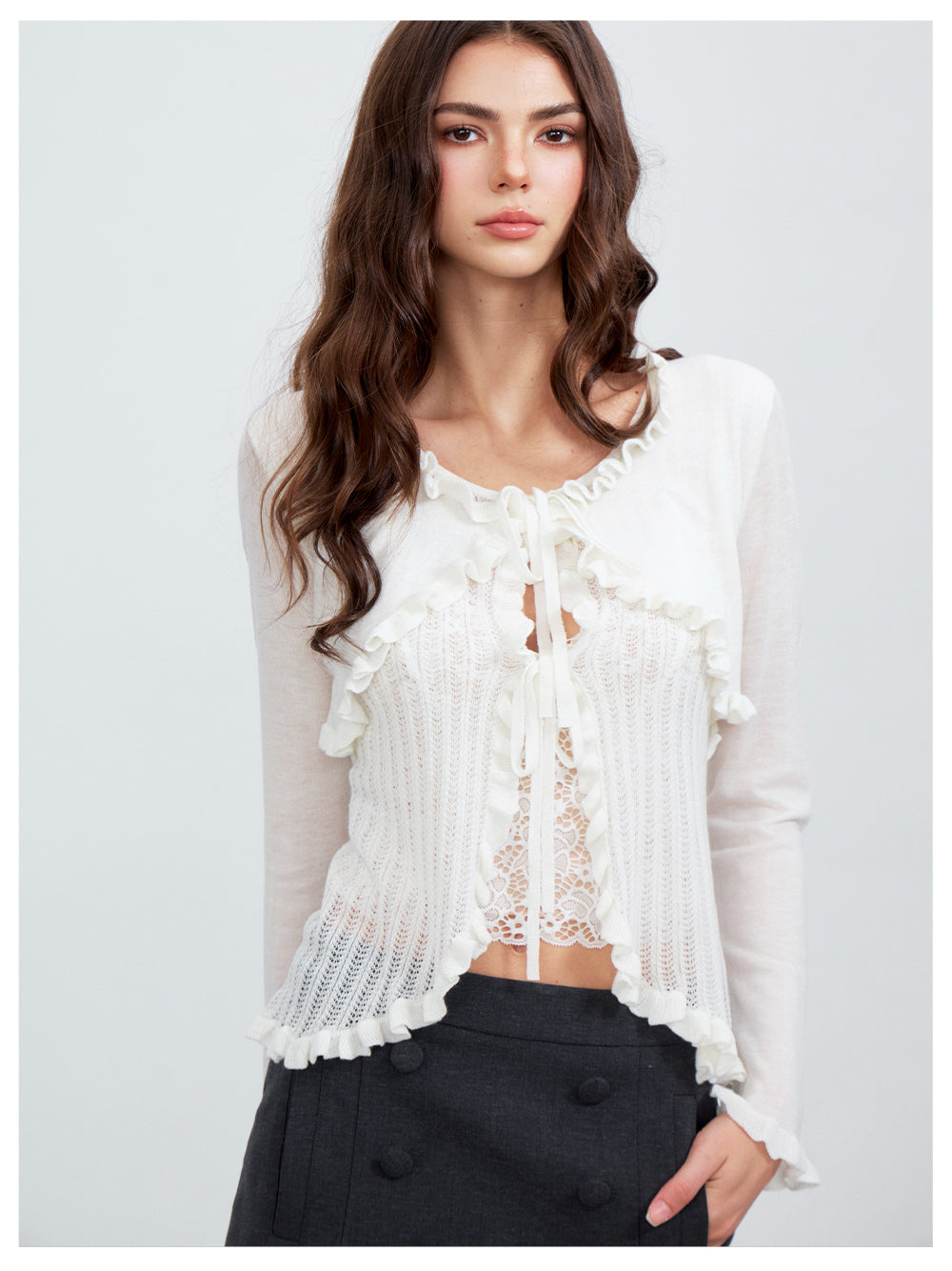 VIA PITTI VIACK6266 Faux-Layer Scalloped-Trim Cardigan