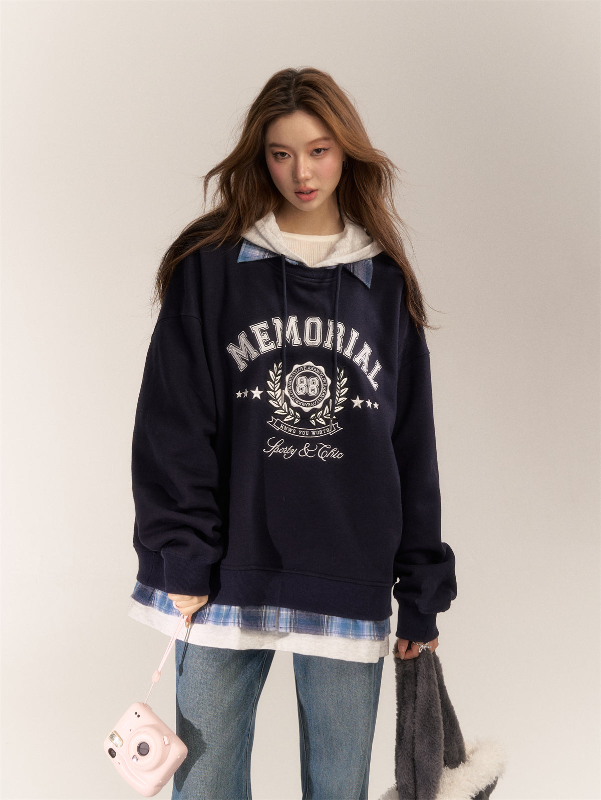 AsGony ASG24643 Vintage patchwork plaid hoodie