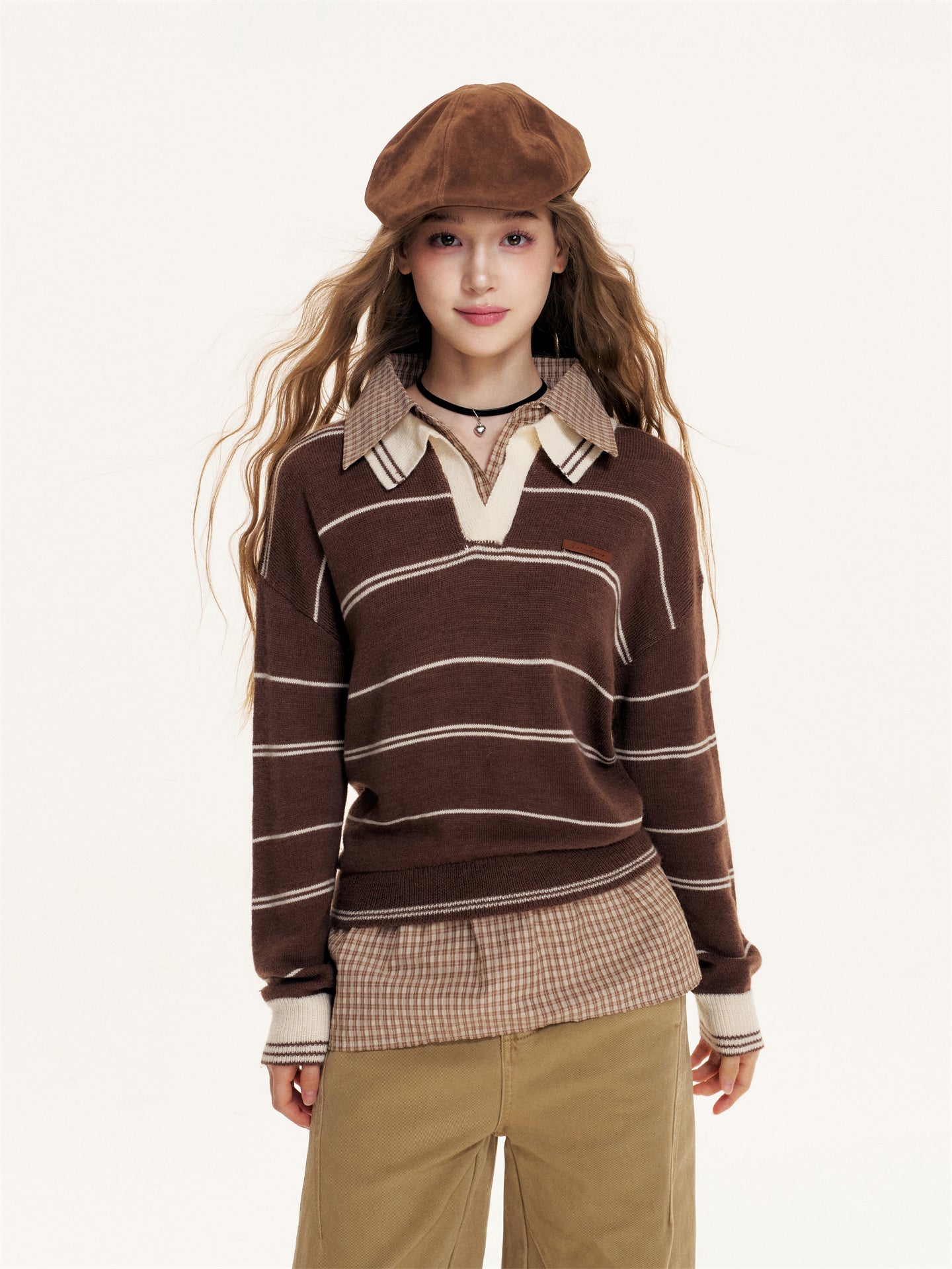 16DEWS 16D25380 Polo collar fake two-piece pullover sweater