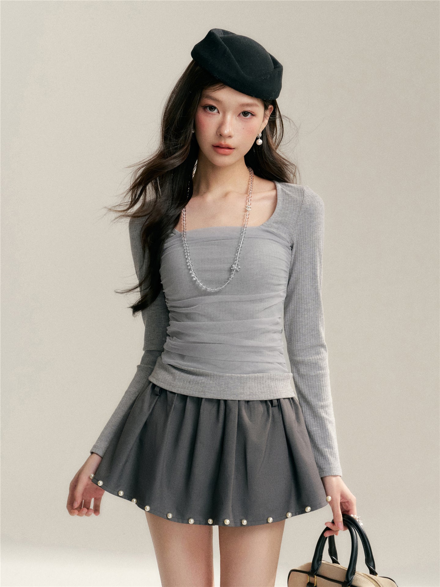 16DEWS 16D26050 Mesh splicing square collar design slim fit top