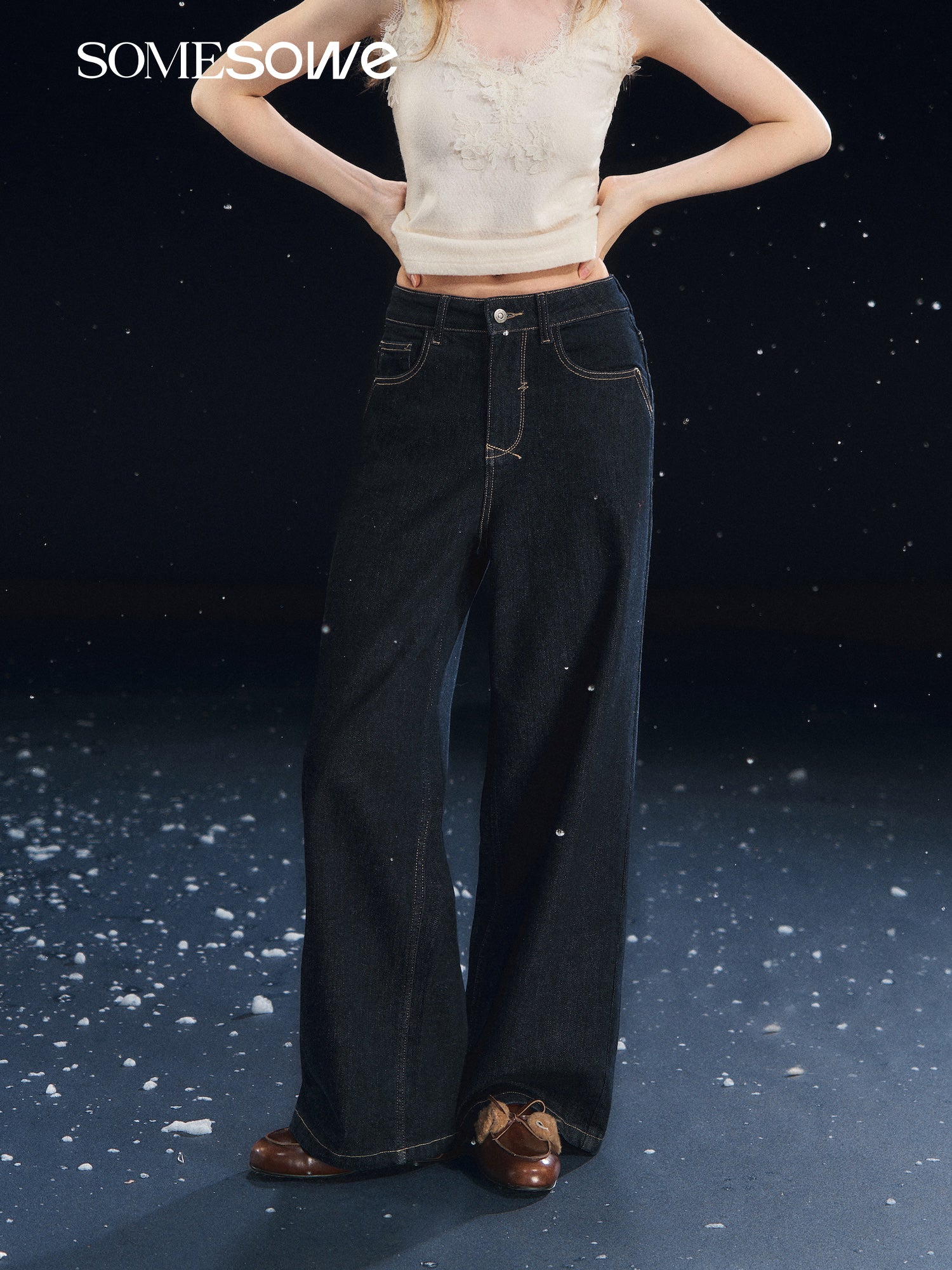 SOMESOWE S2508315 Elastic straight-leg solid color fleece jeans