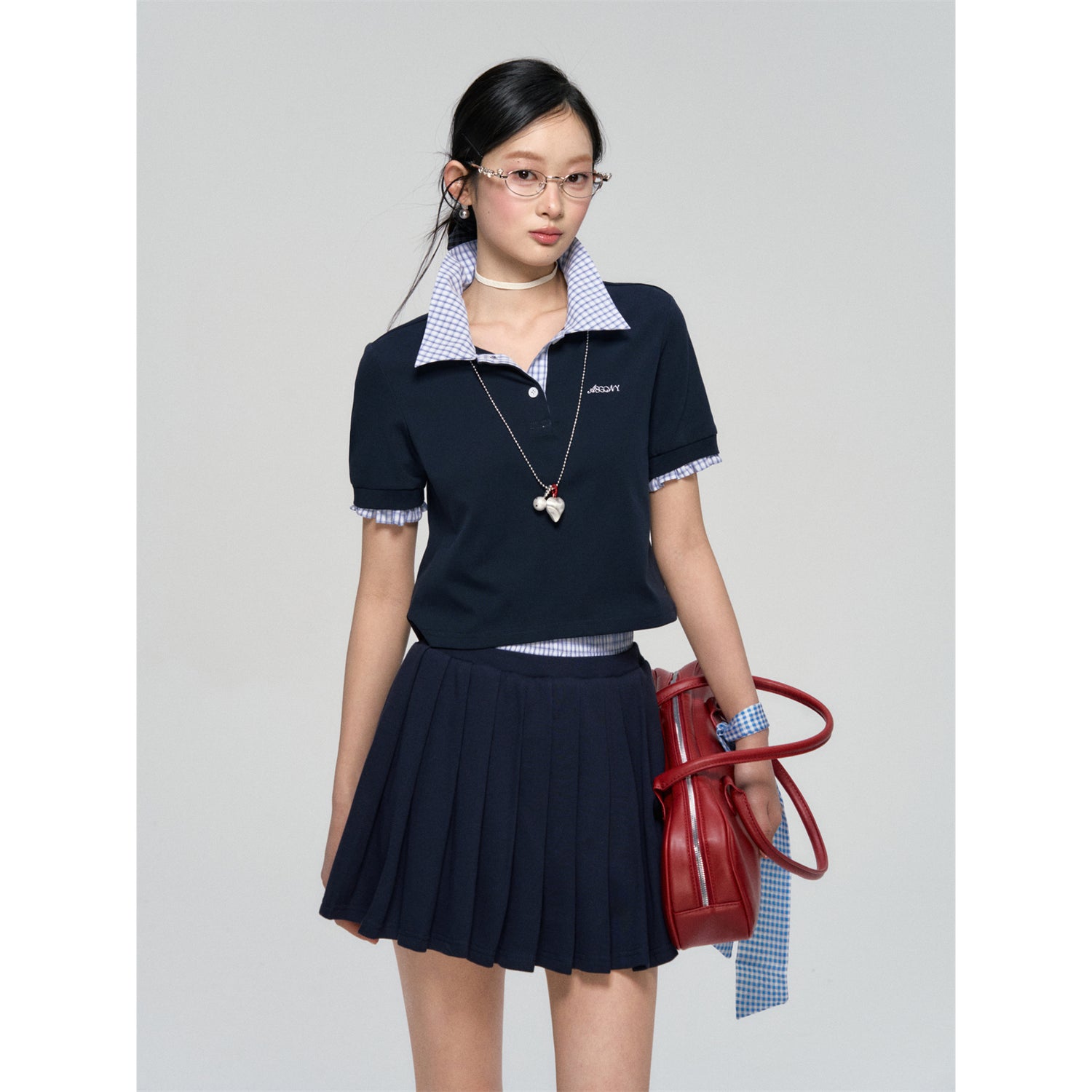 AsGony ASG25090 Embroidered plaid patchwork polo shirt