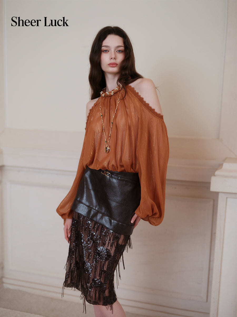 SHEERLUCK SLCS26732 Poesia Off-Shoulder Puff Chiffon Blouse-Caramel