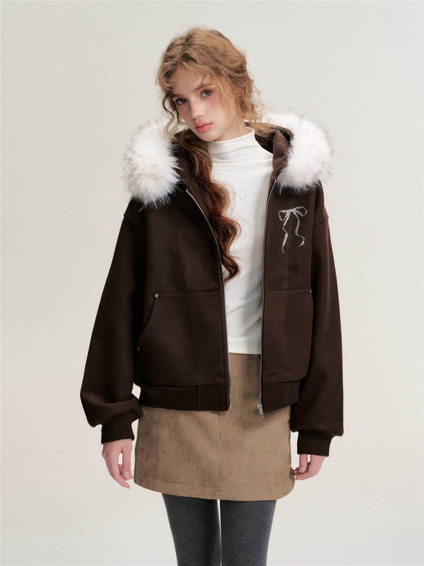 16DEWS 16D25487 Detachable faux fur collar woolen sweatshirt jacket