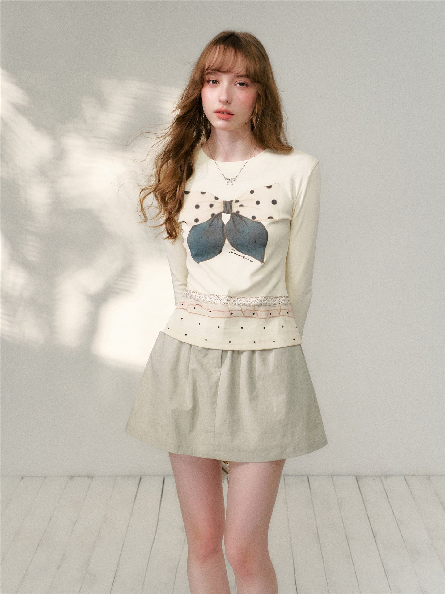 16DEWS 16D26077&16D26101 Polka dot bow print slim-fit T-shirt + skirt set