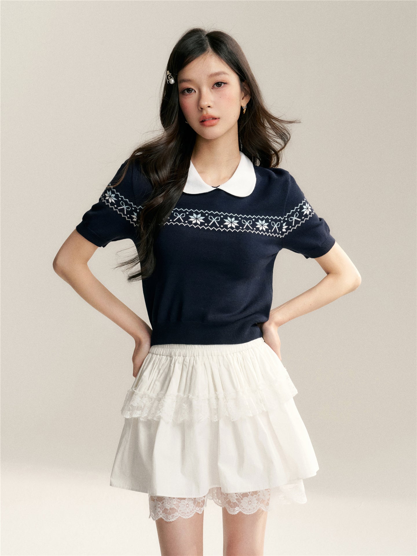 16DEWS 16D246070 Color blocked doll neck Fer Island short sleeved knit sweater
