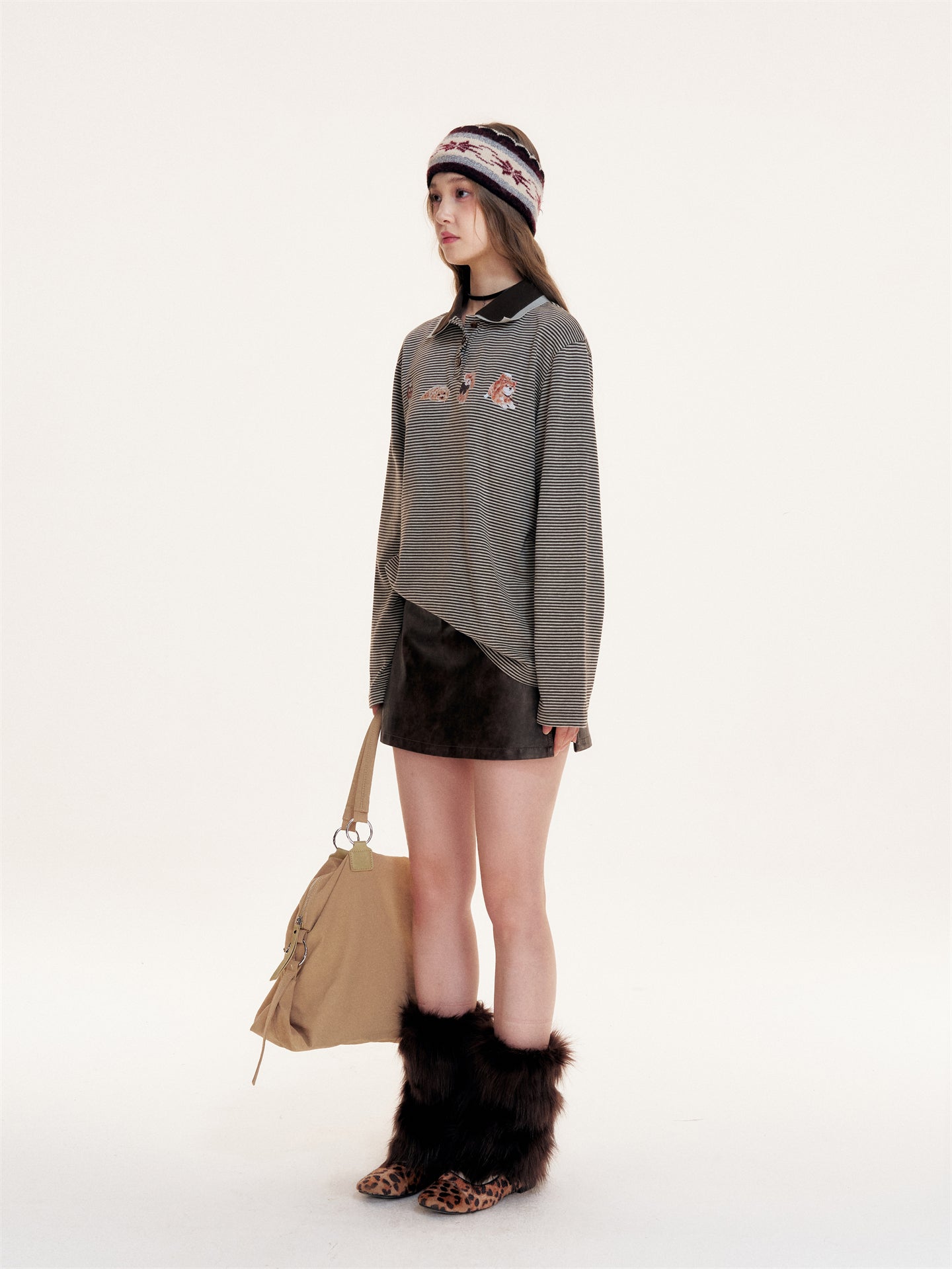 16DEWS 16D25403 Dog print double-layer collar design striped top