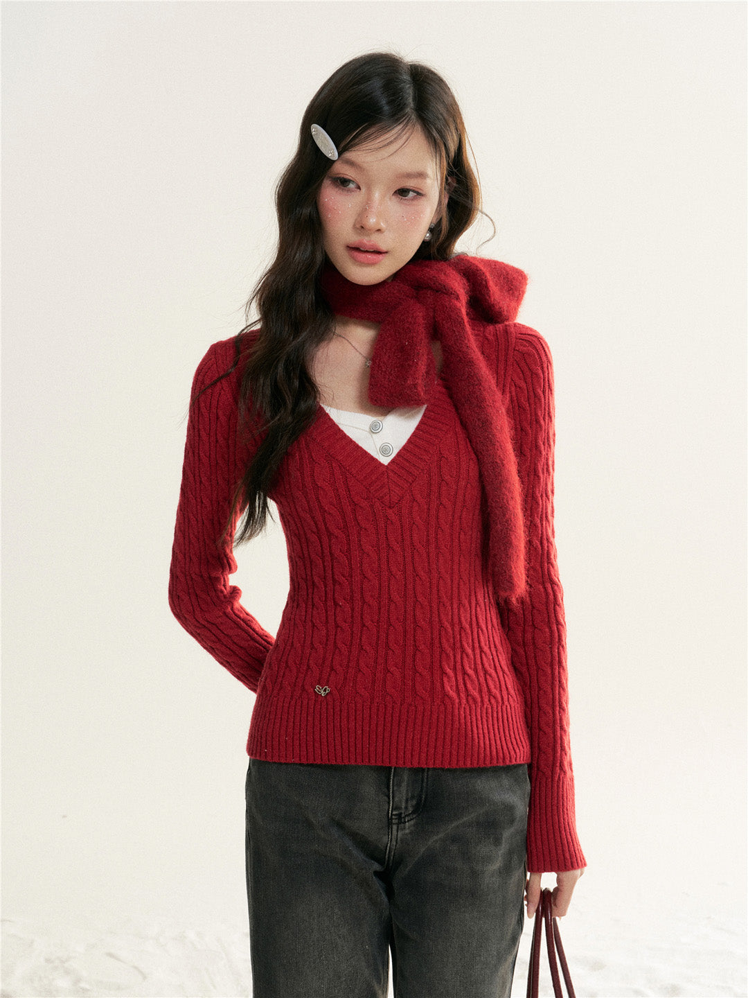 16DEWS 16D25514 Contrast V-neck fake two pieces knitting knitwear