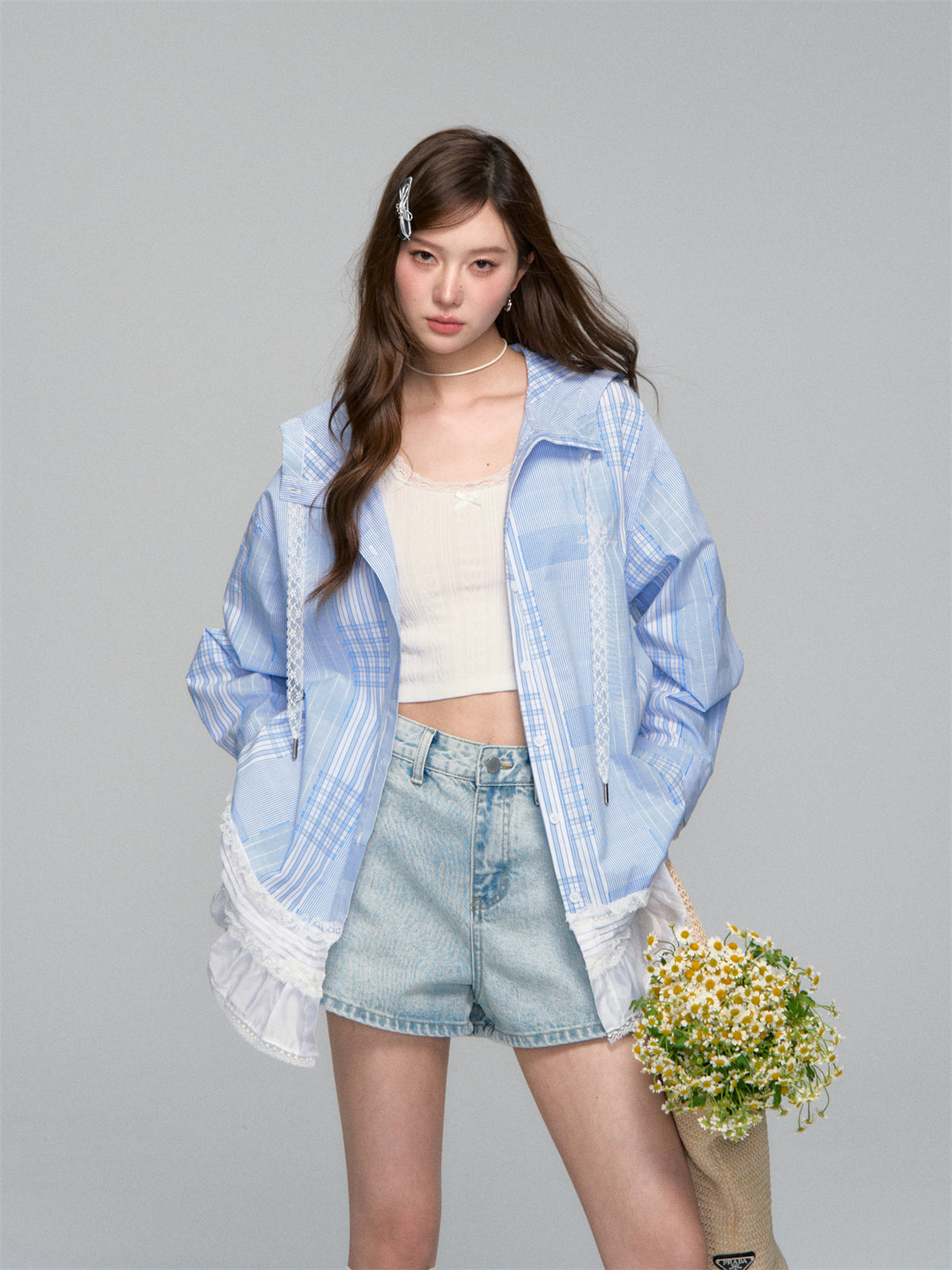 AsGony ASG25122 Plaid patchwork lace hooded shirt