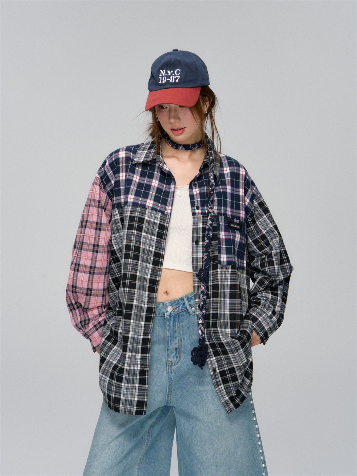AsGony ASG25034 Checkered multi-color patchwork loose shirt