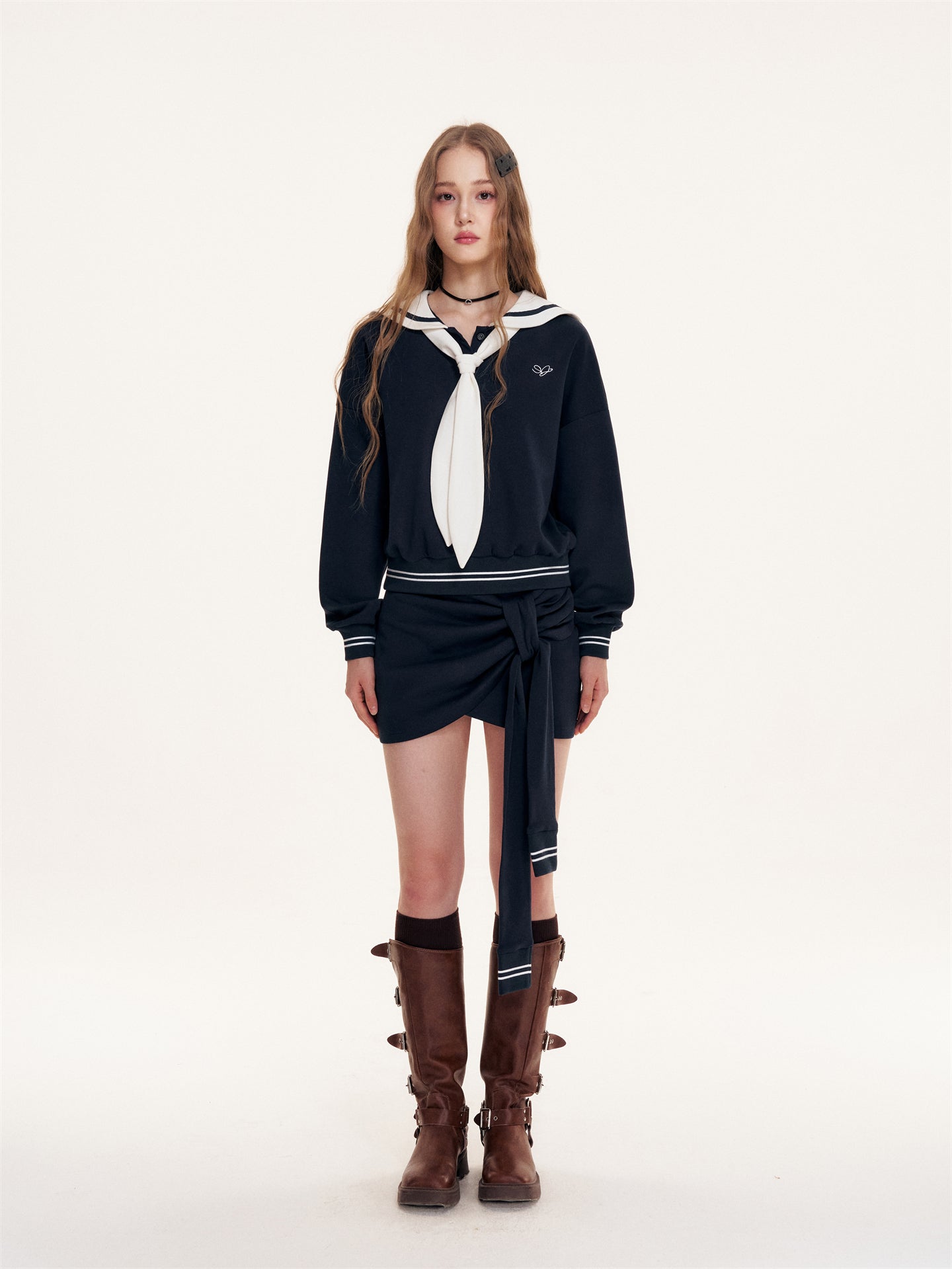 16DEWS 16D25415&16D25416 British Navy collar contrasting hoodie + skirt set