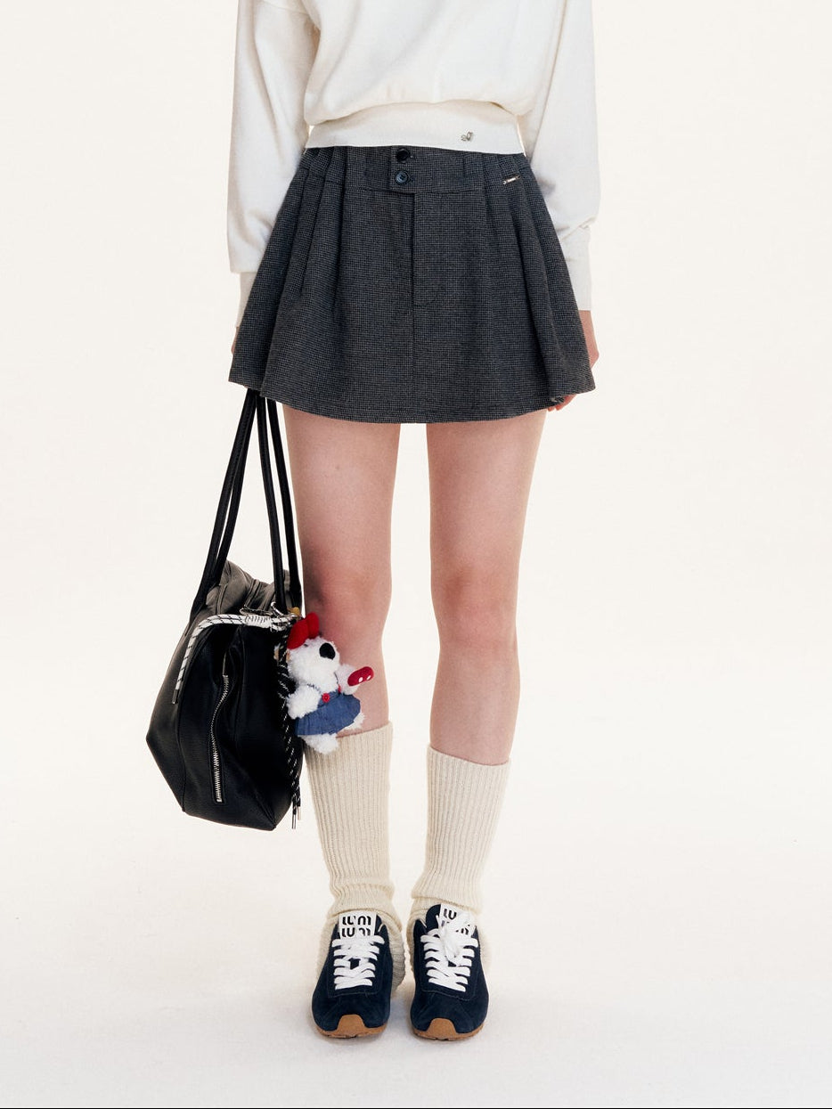 16DEWS 16D25417 Vintage plaid high waisted pleated A-line woolen skirt