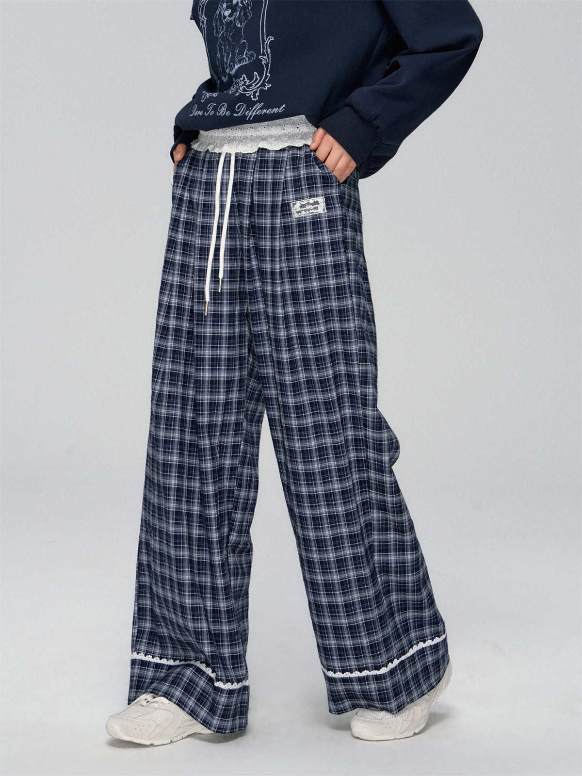AsGony ASG24746Lace plaid wide leg pants