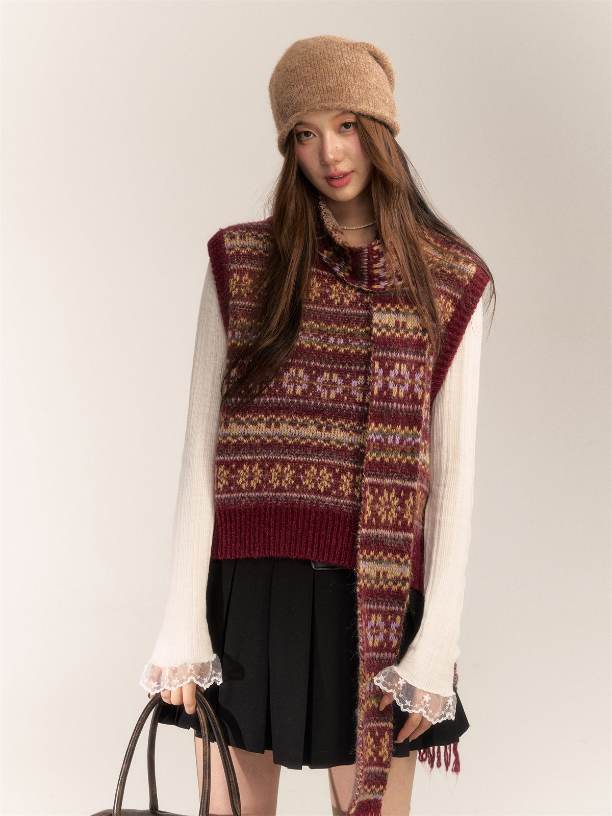 AsGony ASG24618 Fair Isle wool-blend vest and scarf set