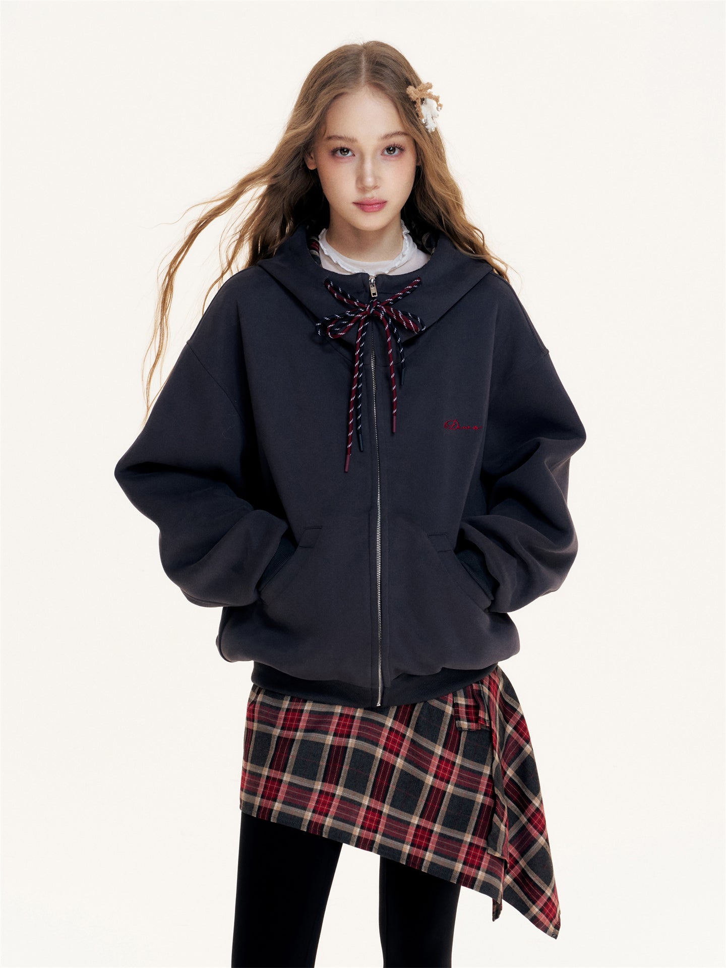 16DEWS 16D25429 Color blocked hooded drawstring sweatshirt jacket