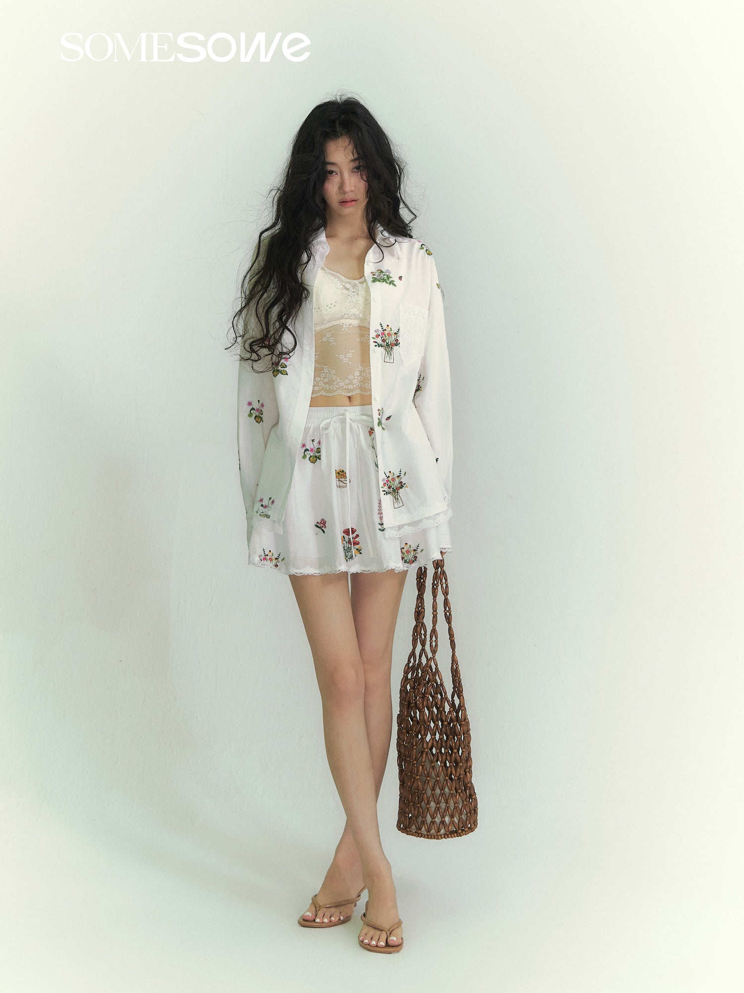SOMESOWE S2609059&S2609060 Flower embroidery lace patchwork shirt + skirt