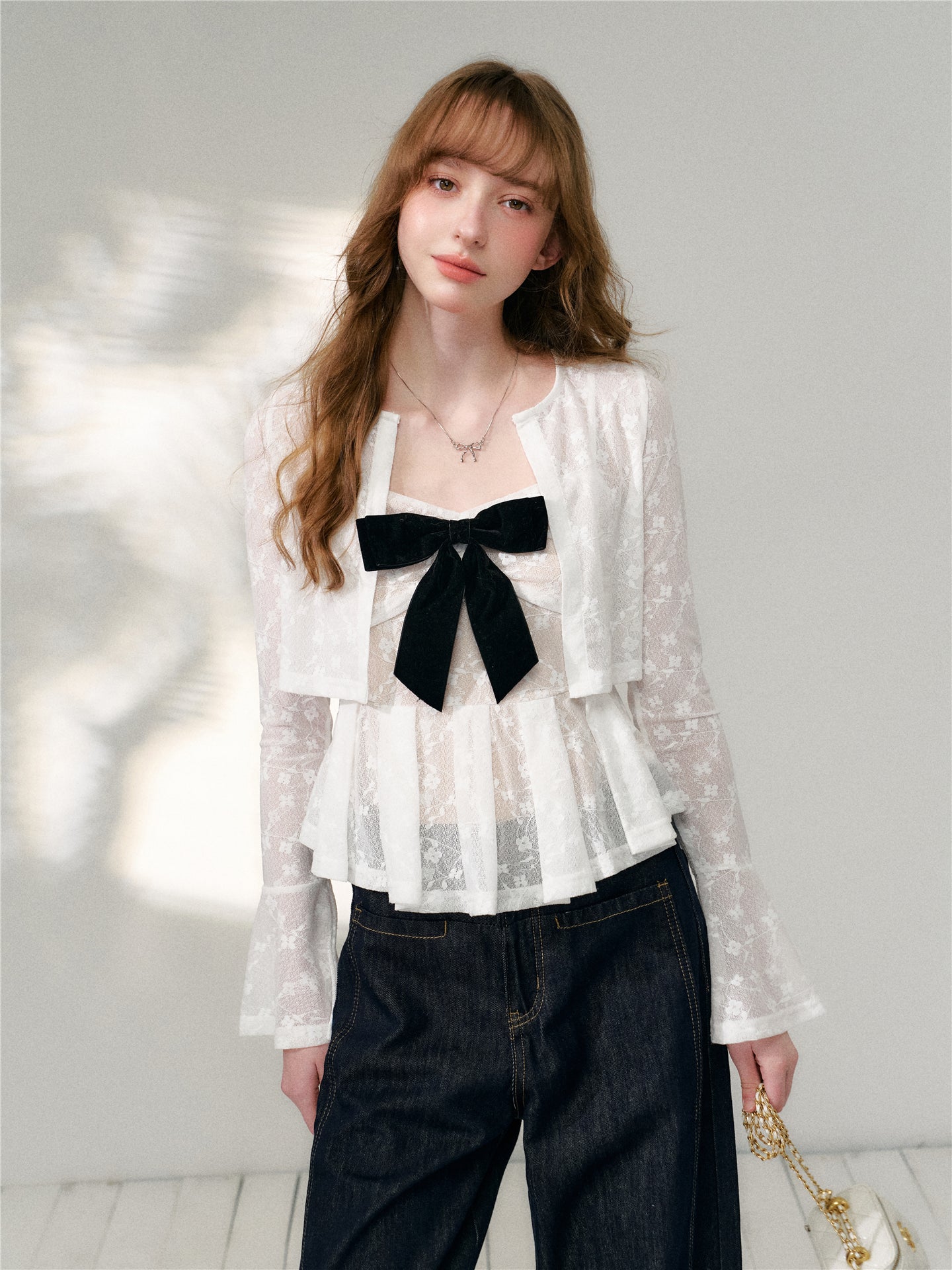 16DEWS 16D26105&16D26106 Lace jacquard flared sleeve cardigan + camisole