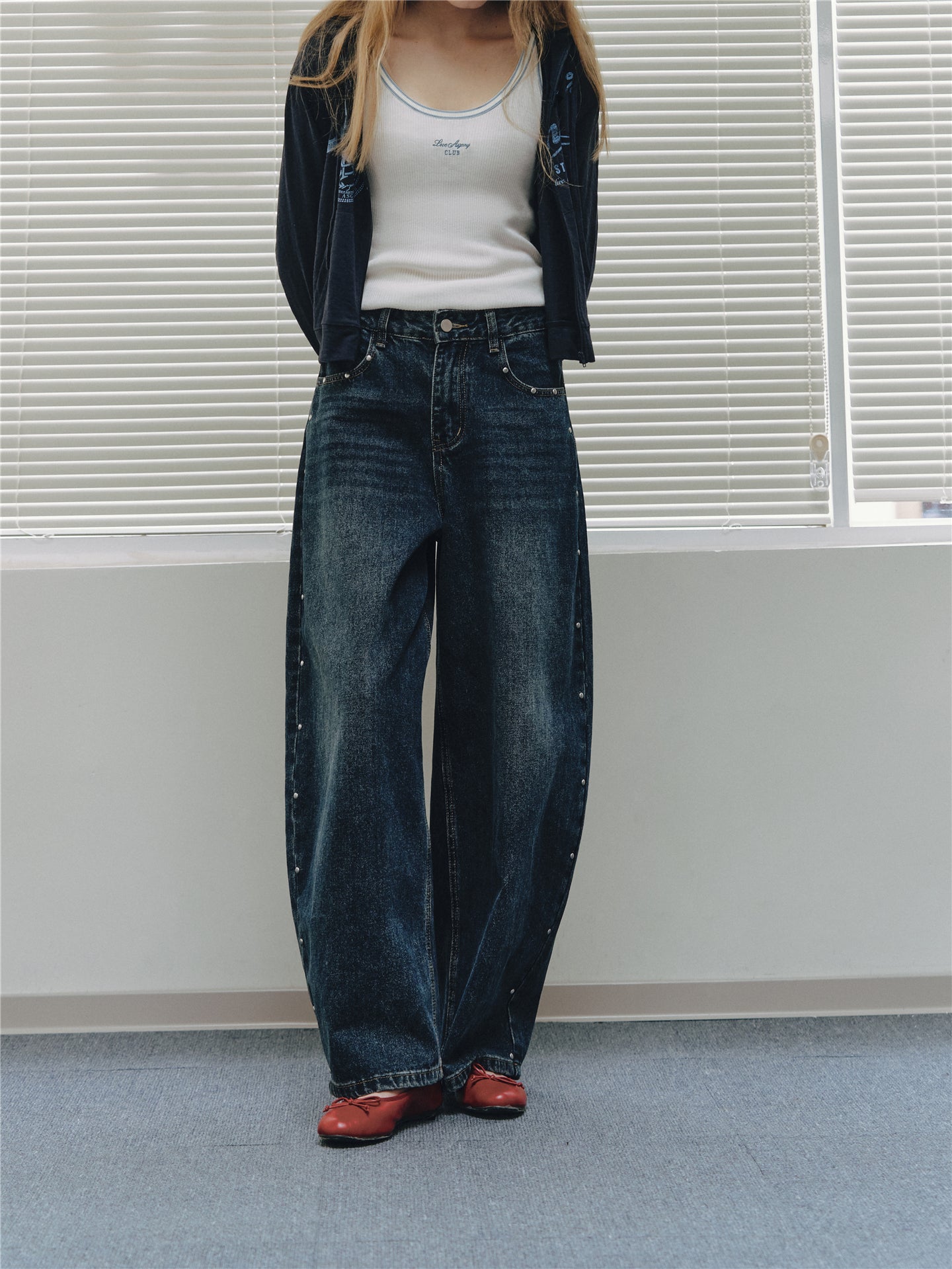 Asgony ASG26556 Vintage Washed Studded Barrel Pants