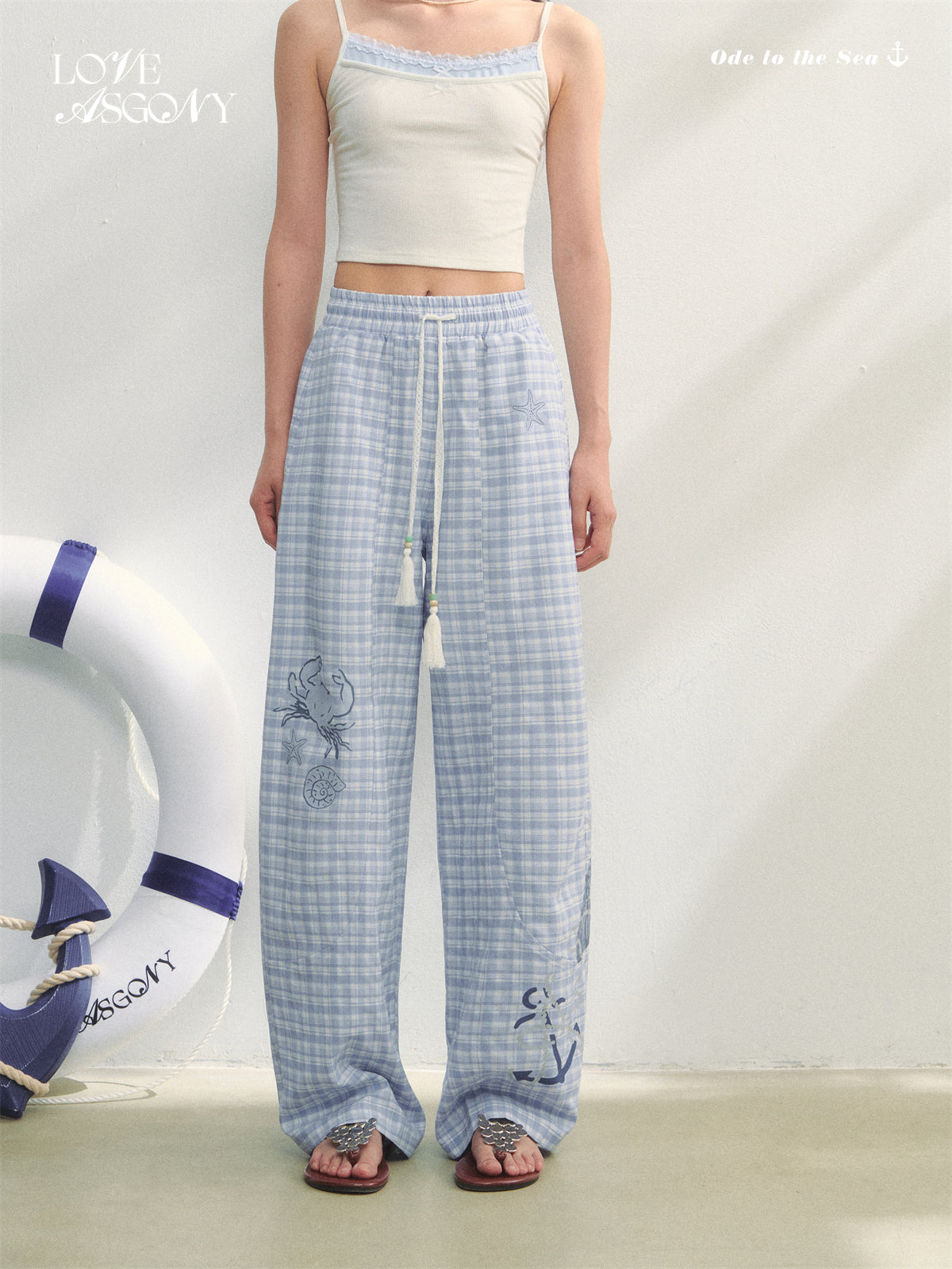 AsGony ASG25232 Ocean style printed lace up pants